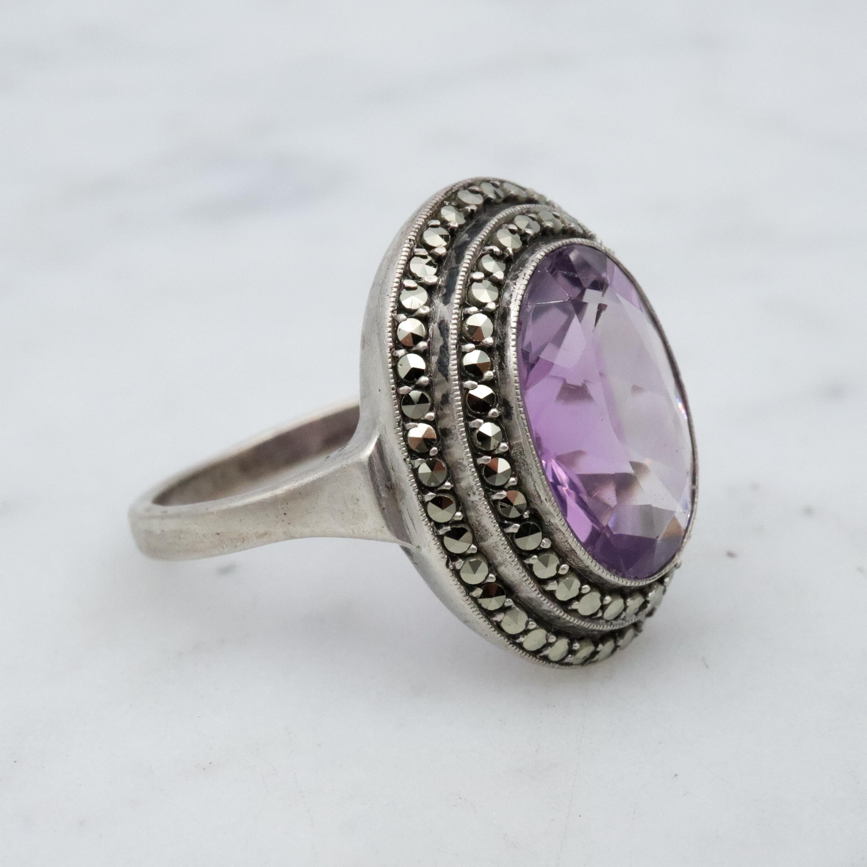 Art Deco German silver amethyst & marcasite halo ring, size 6