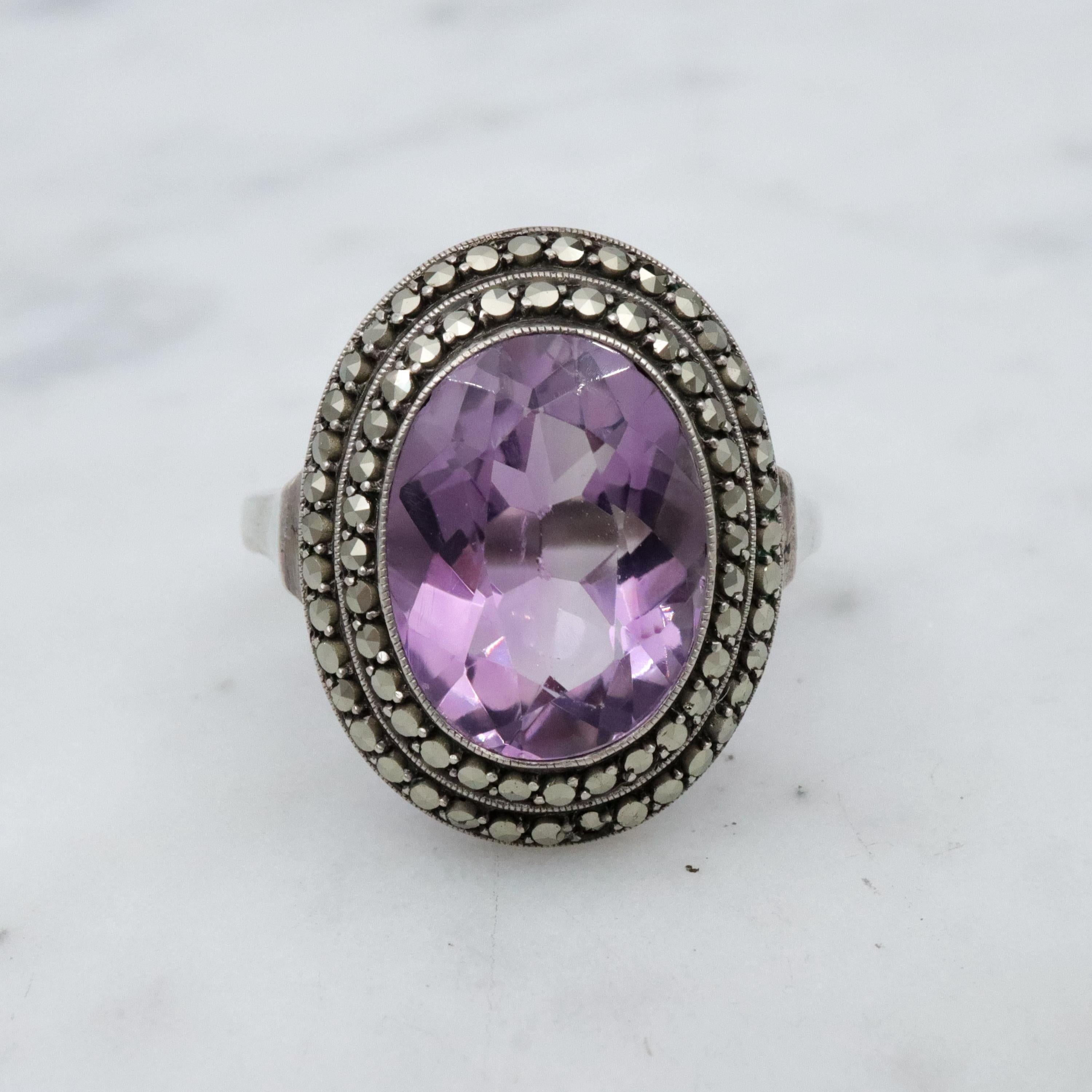 Art Deco German silver amethyst & marcasite halo ring, size 6
