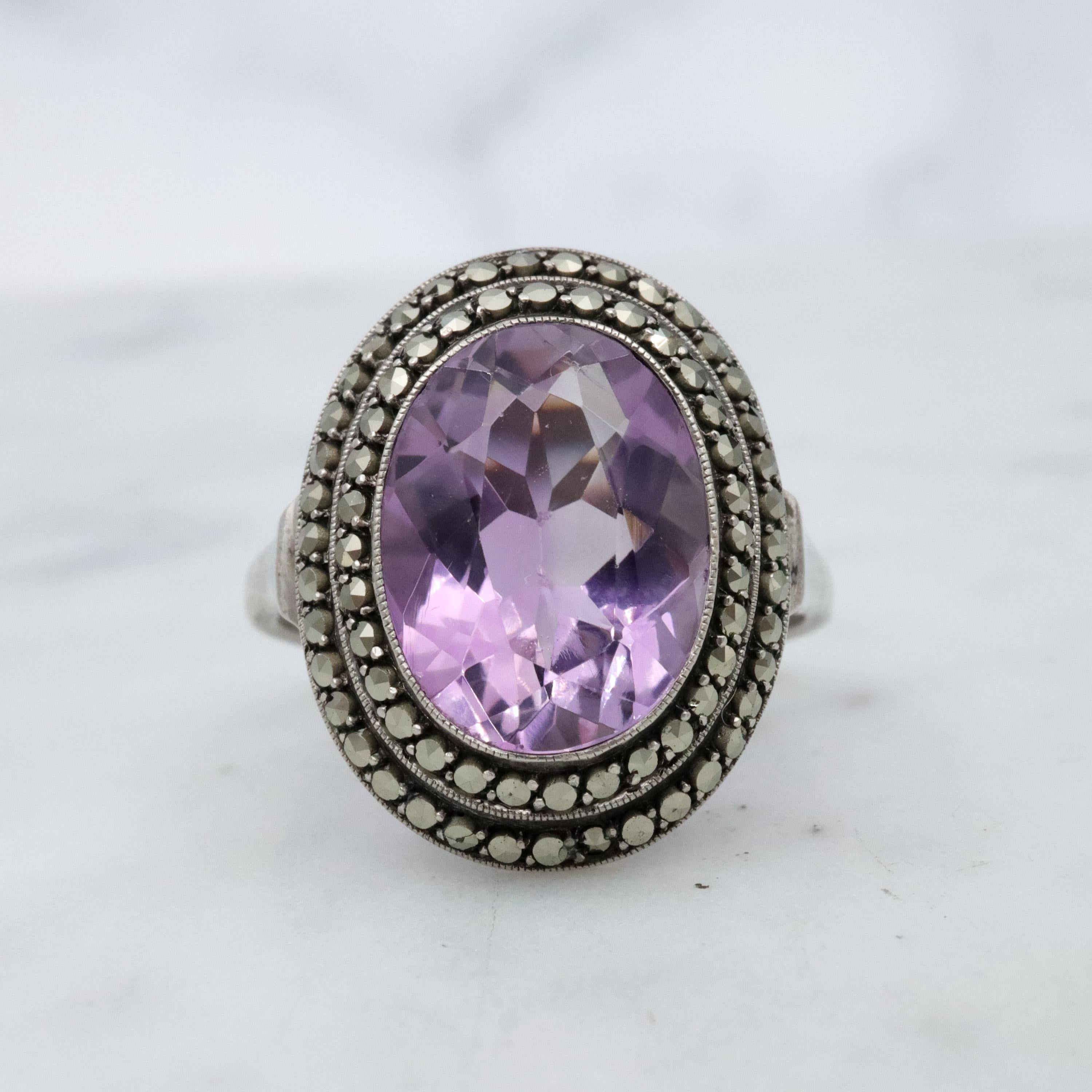 Art Deco German silver amethyst & marcasite halo ring, size 6