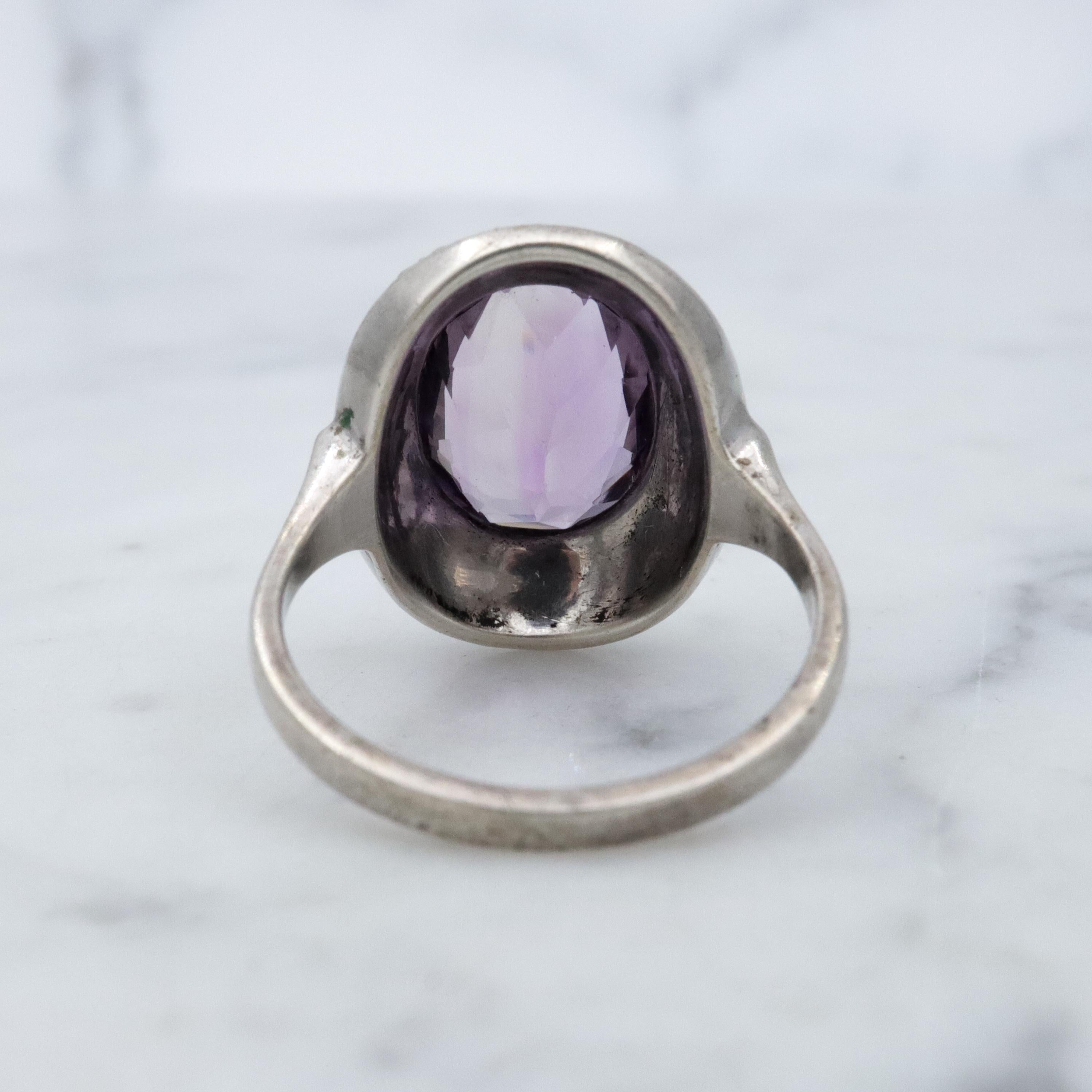 Art Deco German silver amethyst & marcasite halo ring, size 6