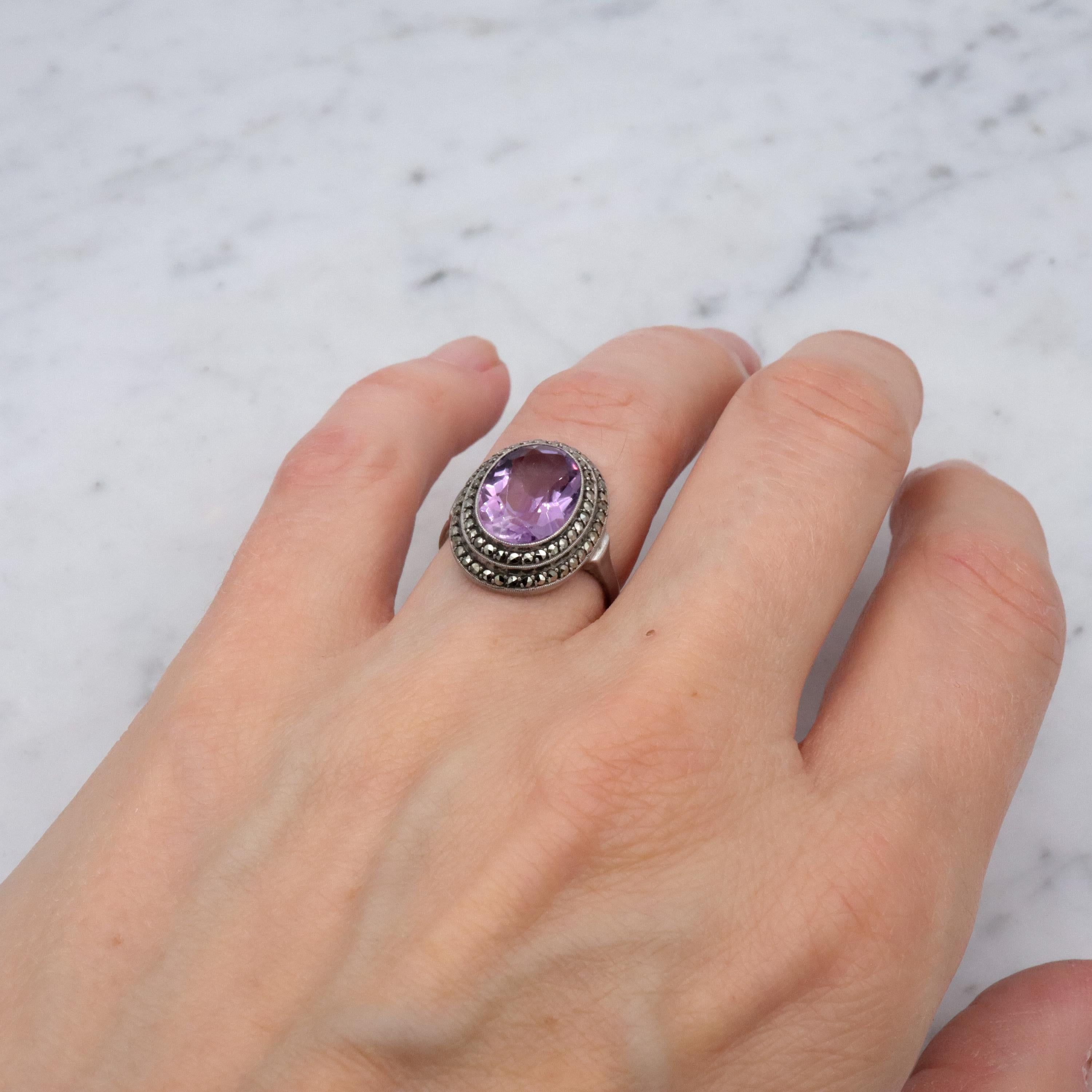 Art Deco German silver amethyst & marcasite halo ring, size 6