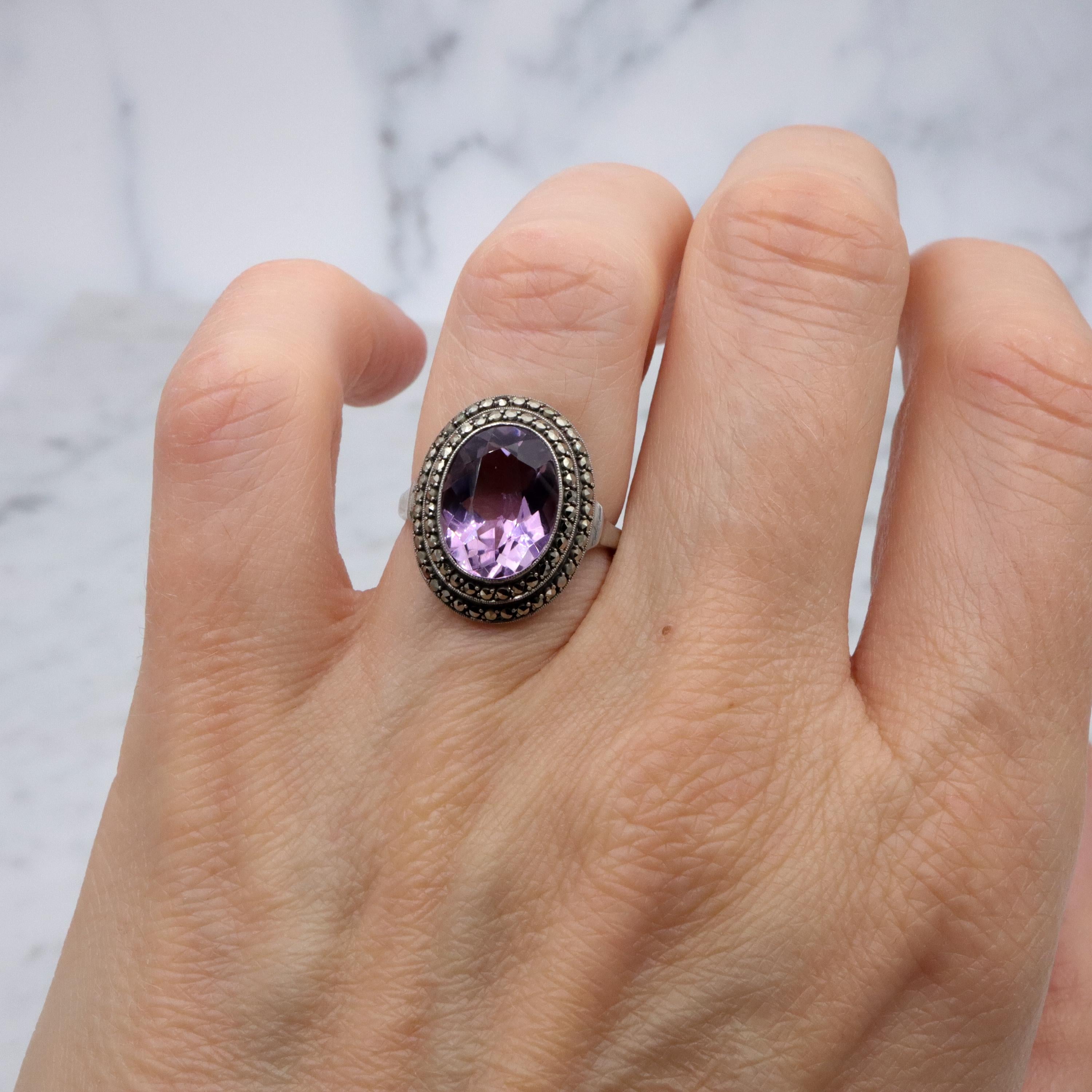 Art Deco German silver amethyst & marcasite halo ring, size 6