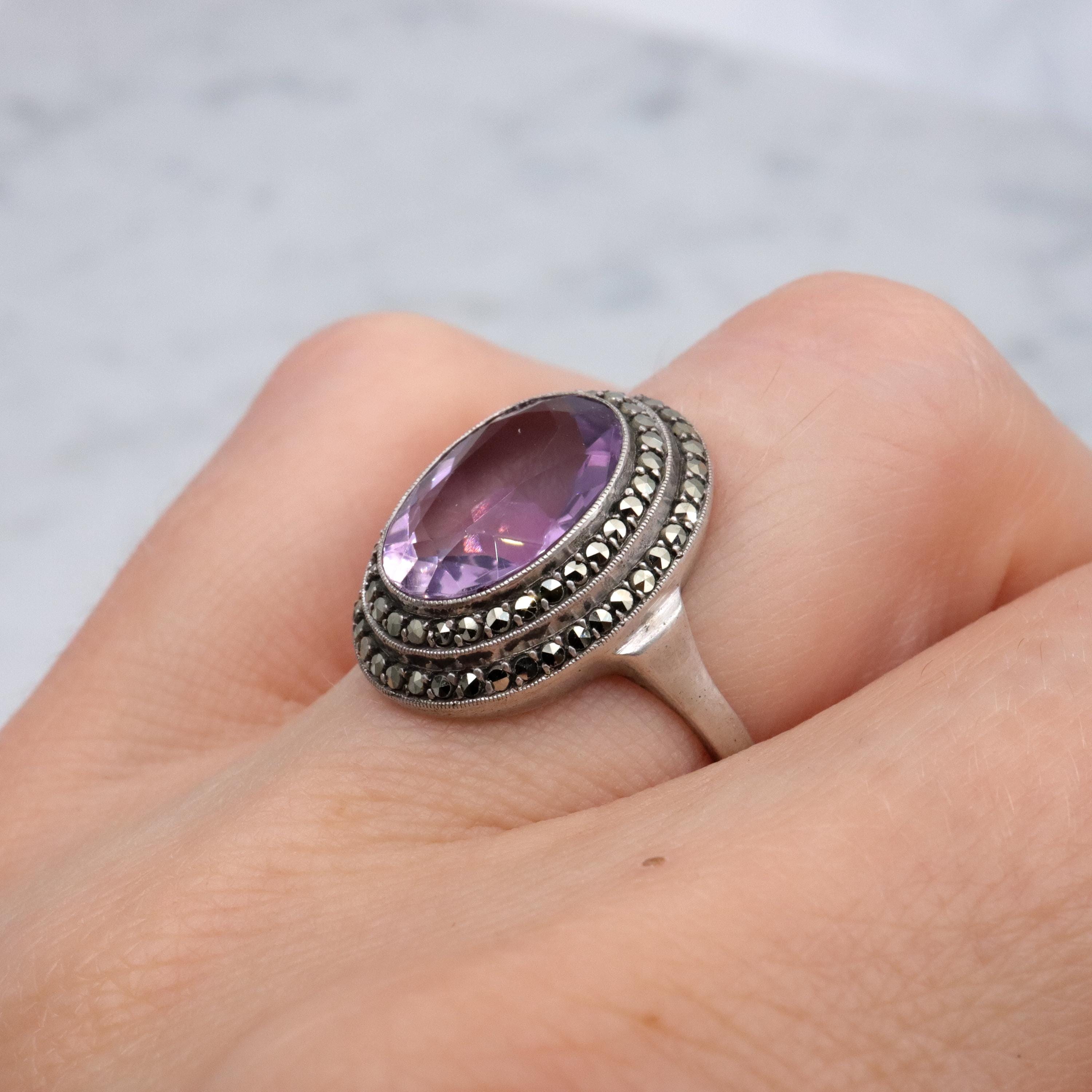 Art Deco German silver amethyst & marcasite halo ring, size 6