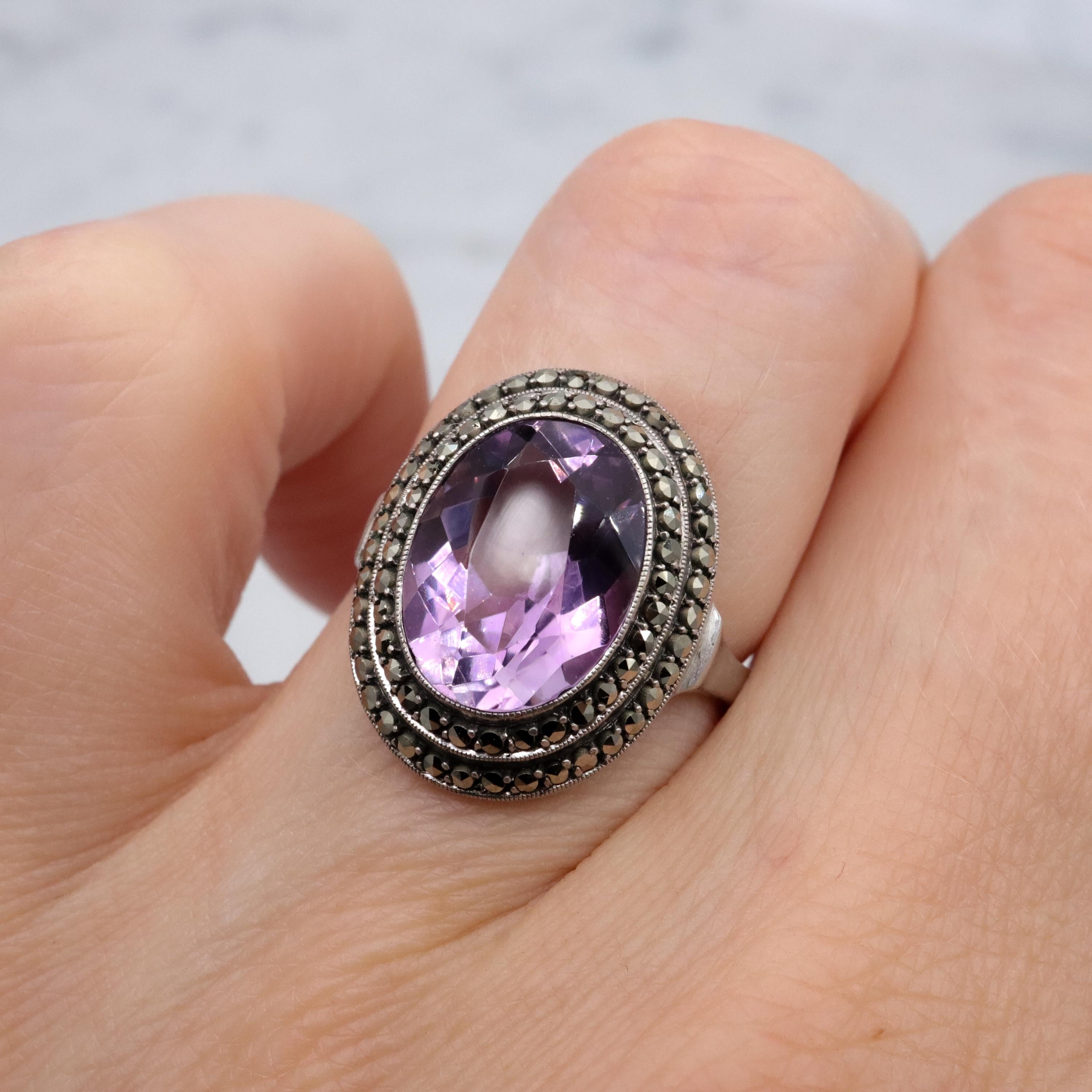 Art Deco German silver amethyst & marcasite halo ring, size 6