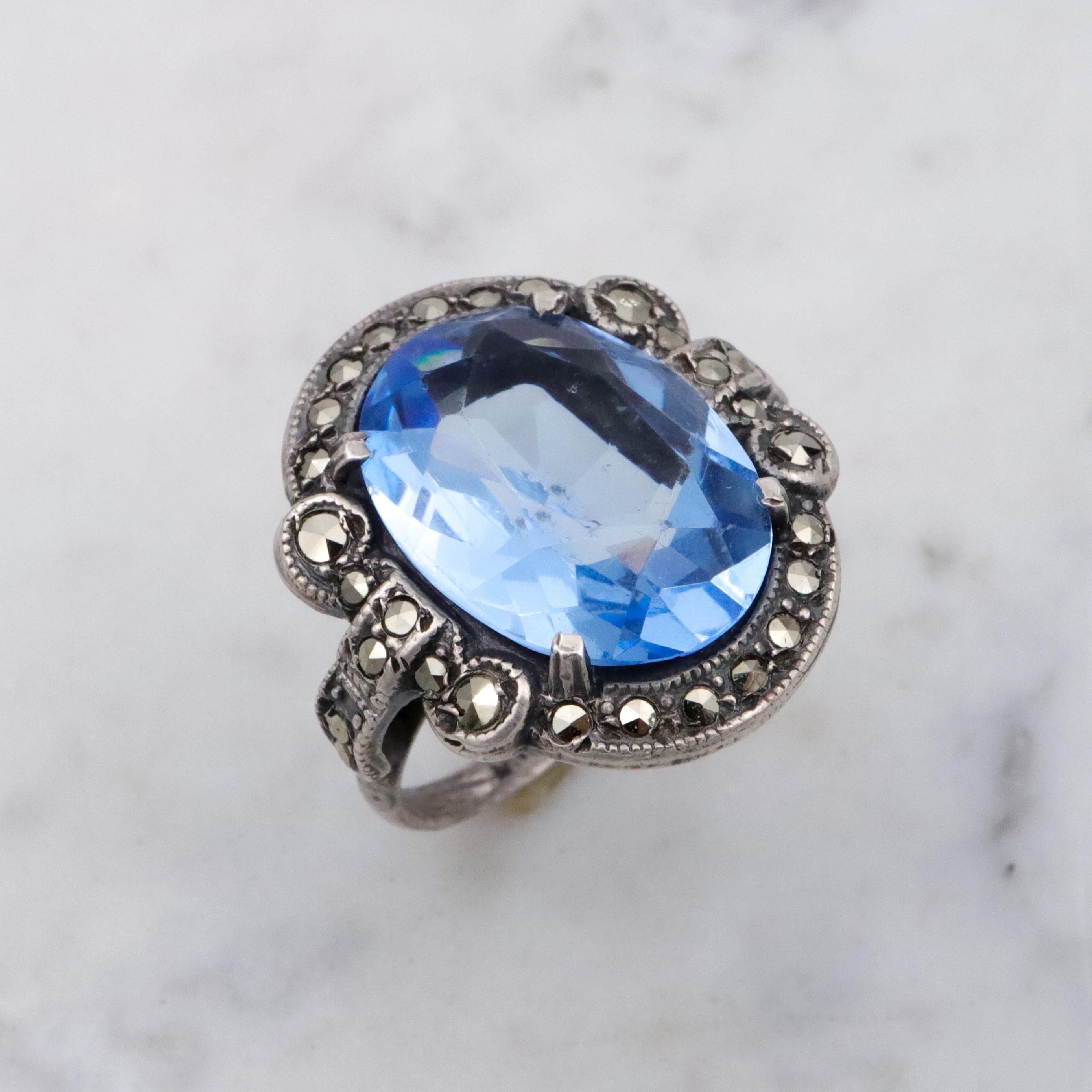 Antique Deco aqua glass & marcasite sterling ring, size 7