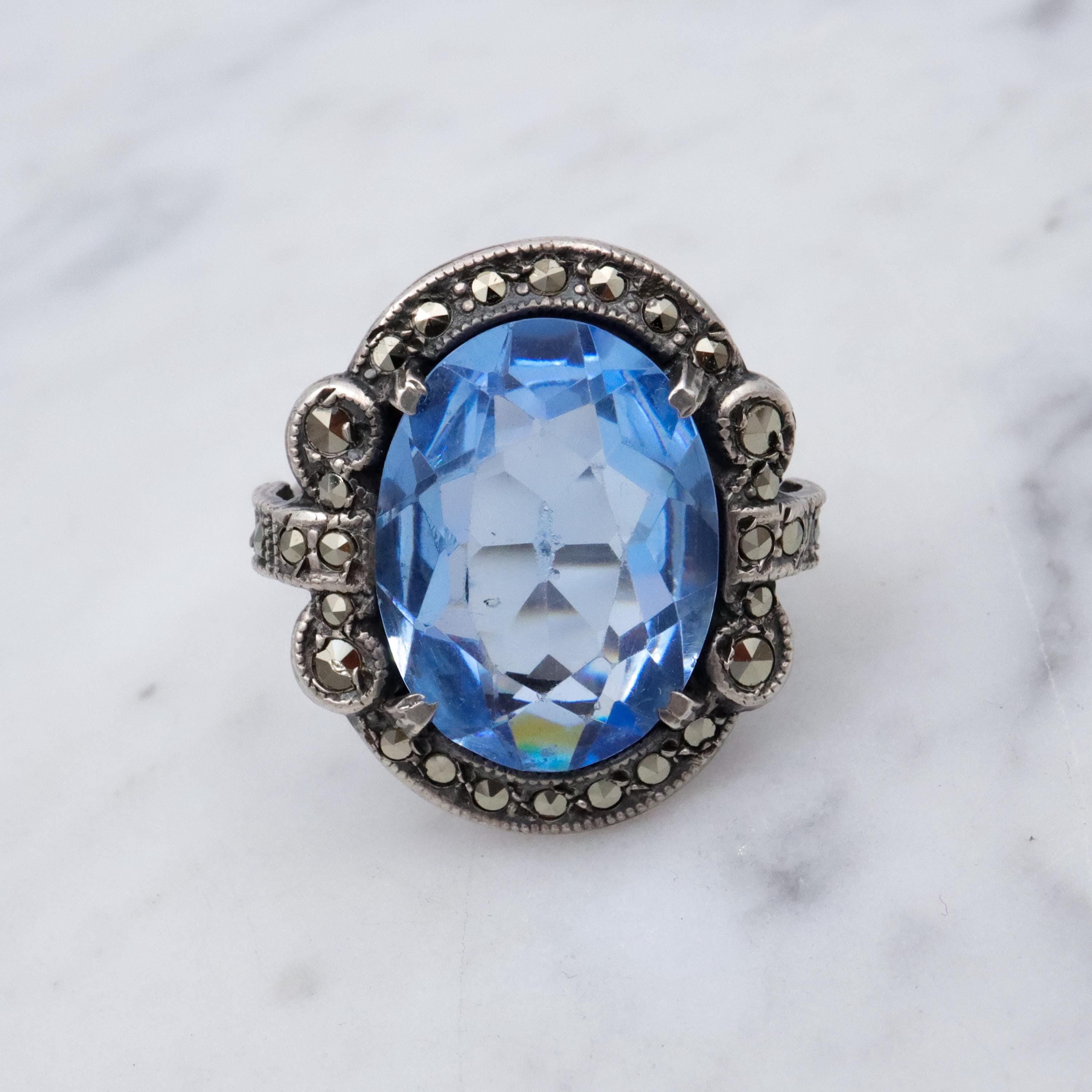 Antique Deco aqua glass & marcasite sterling ring, size 7