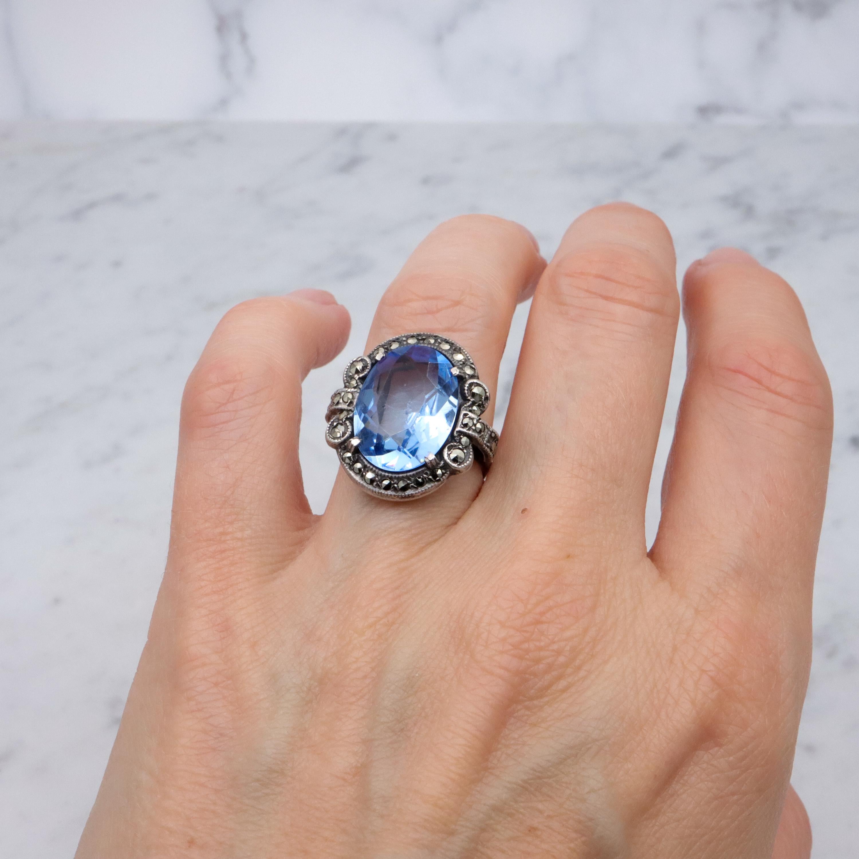 Antique Deco aqua glass & marcasite sterling ring, size 7