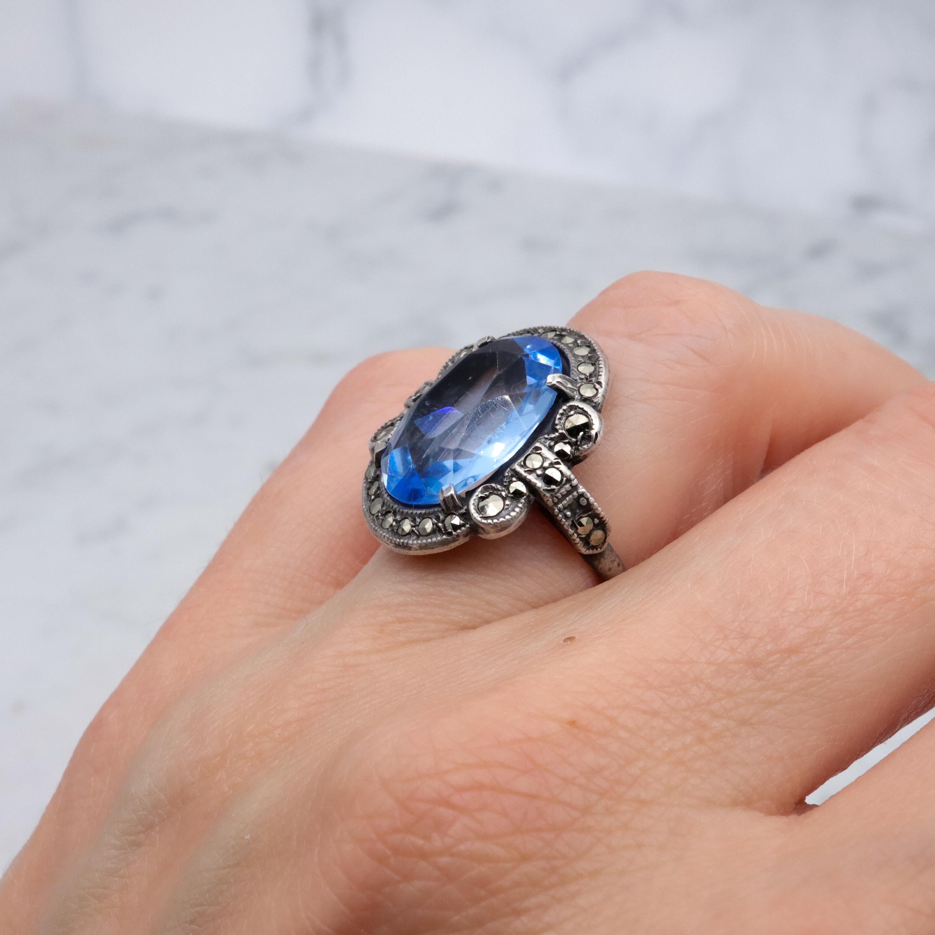 Antique Deco aqua glass & marcasite sterling ring, size 7