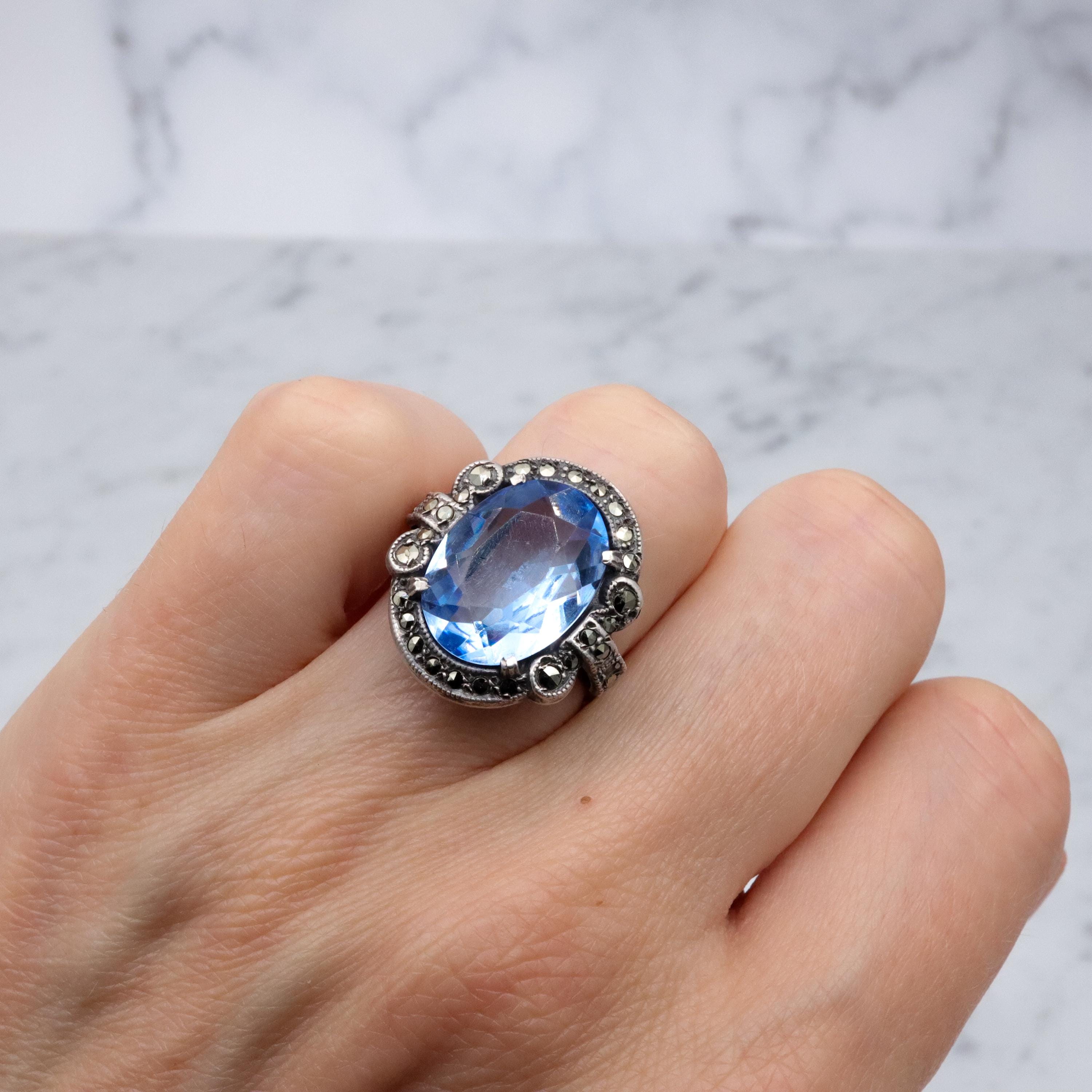 Antique Deco aqua glass & marcasite sterling ring, size 7