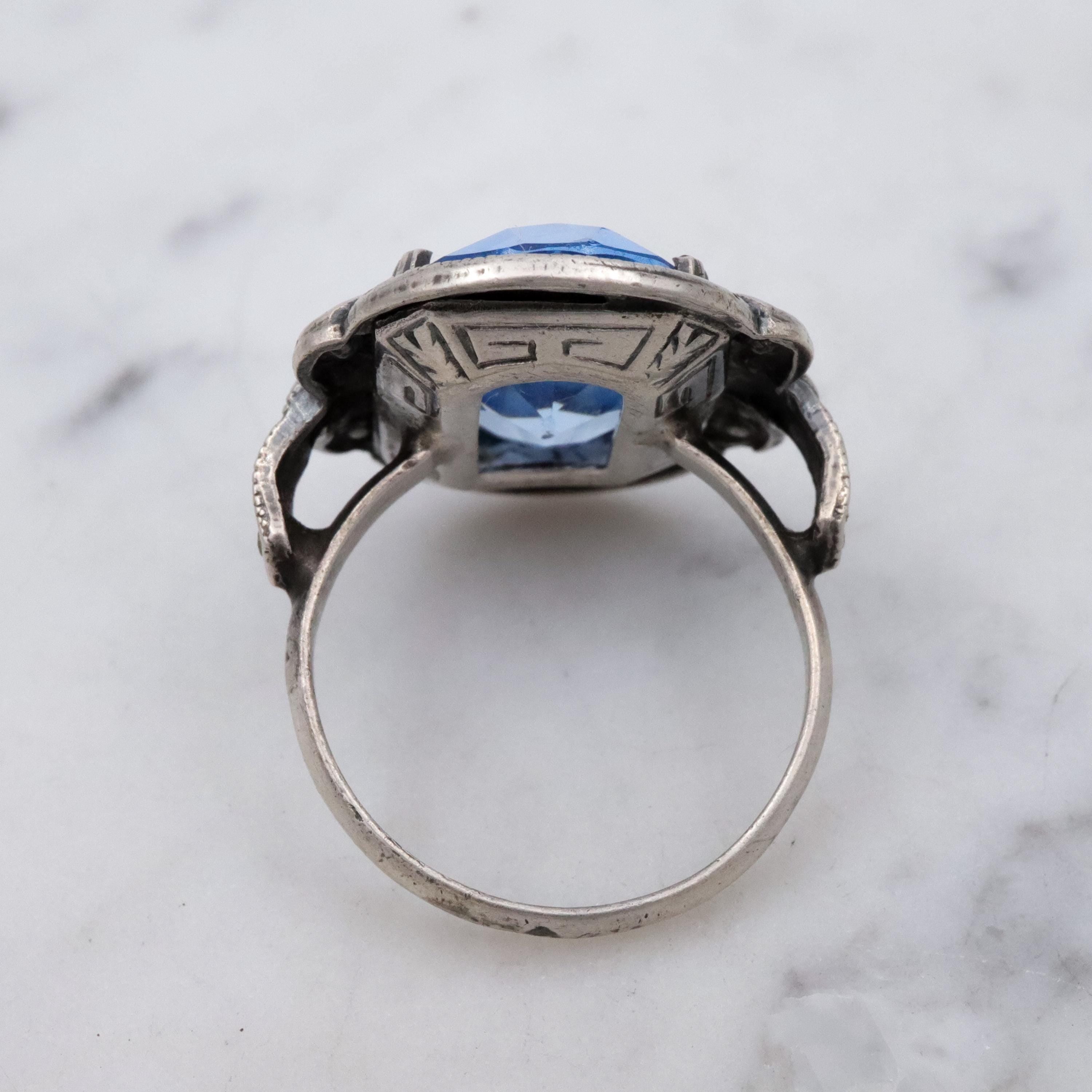 Antique Deco aqua glass & marcasite sterling ring, size 7