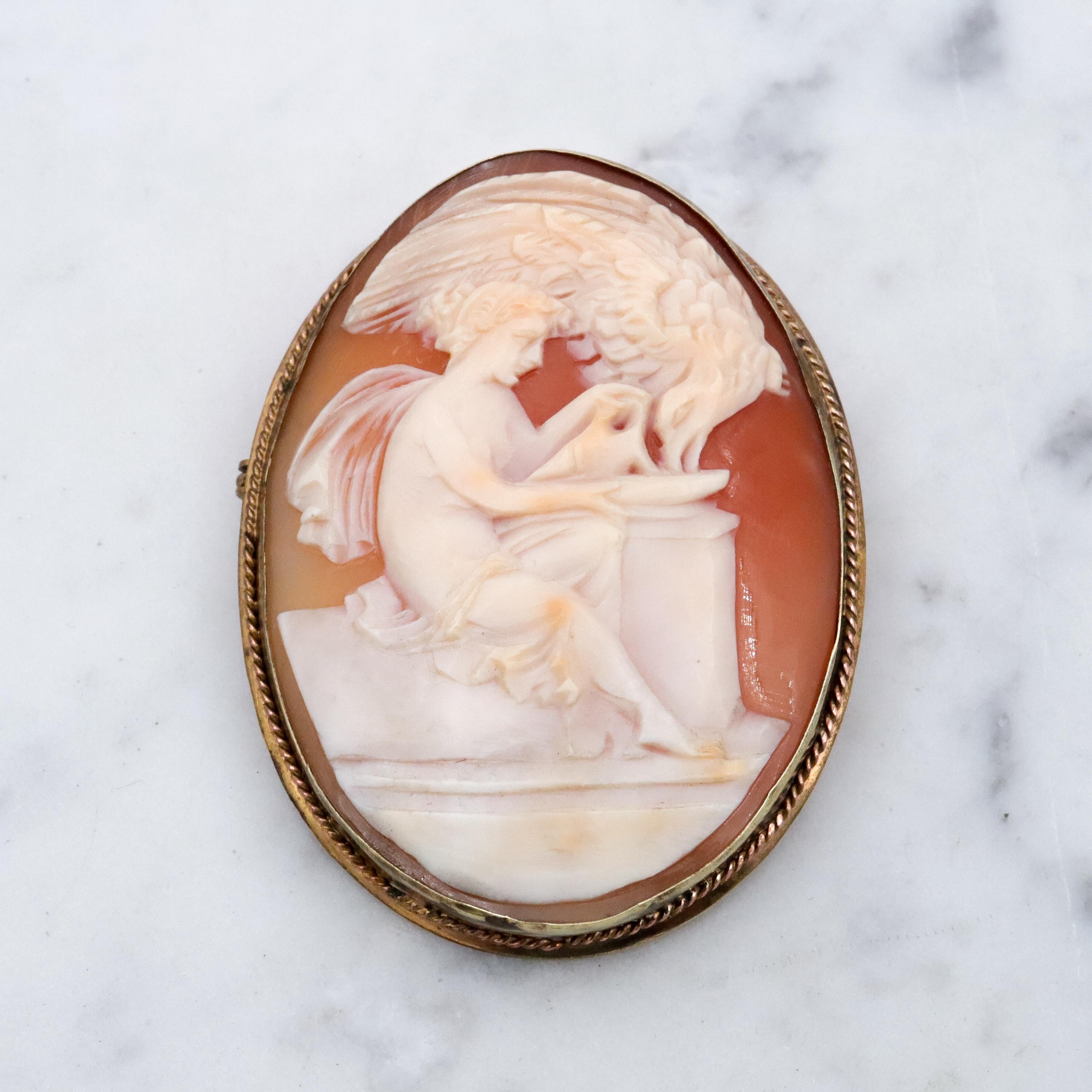 Victorian Hebe goddess shell cameo brooch/pendant combo