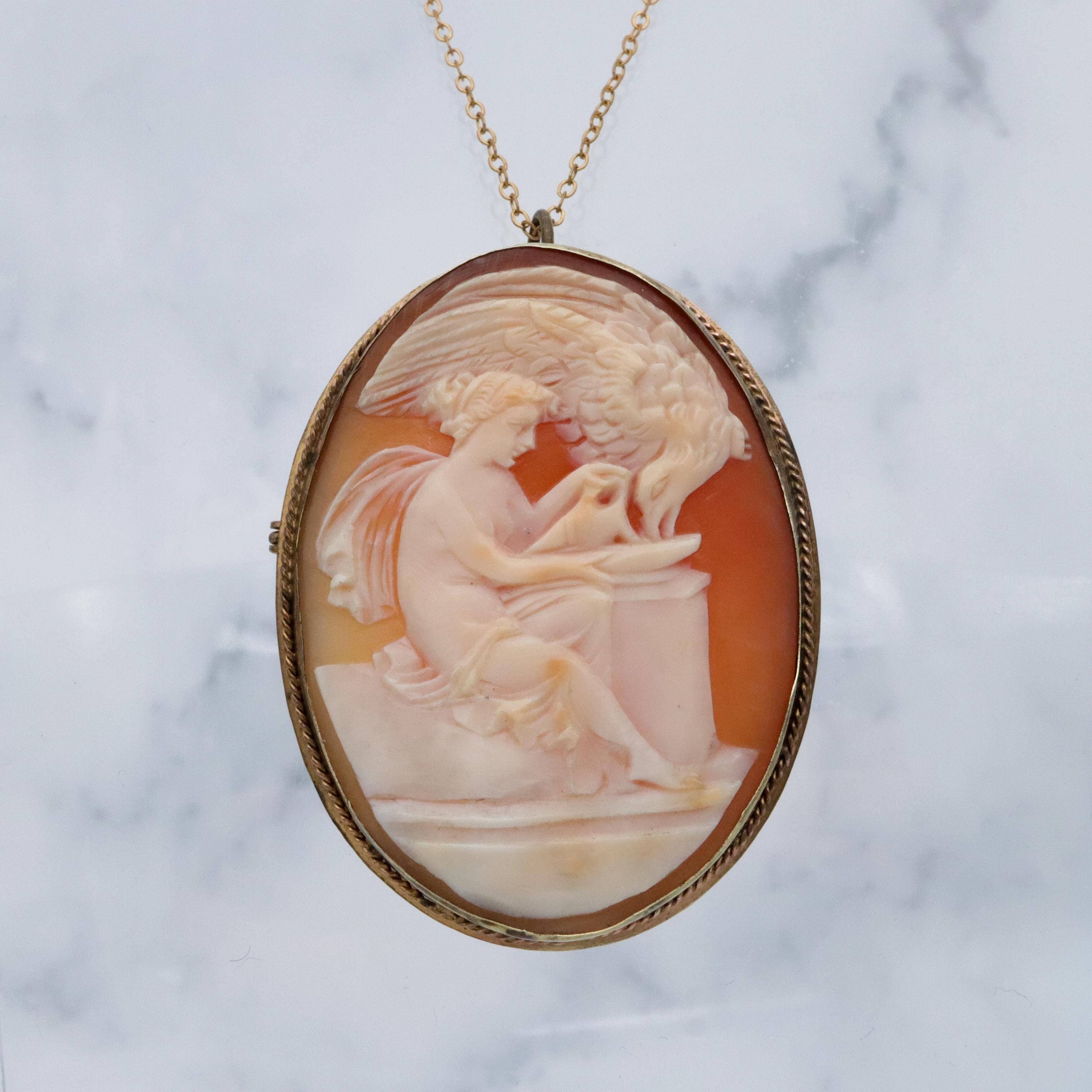 Victorian Hebe goddess shell cameo brooch/pendant combo