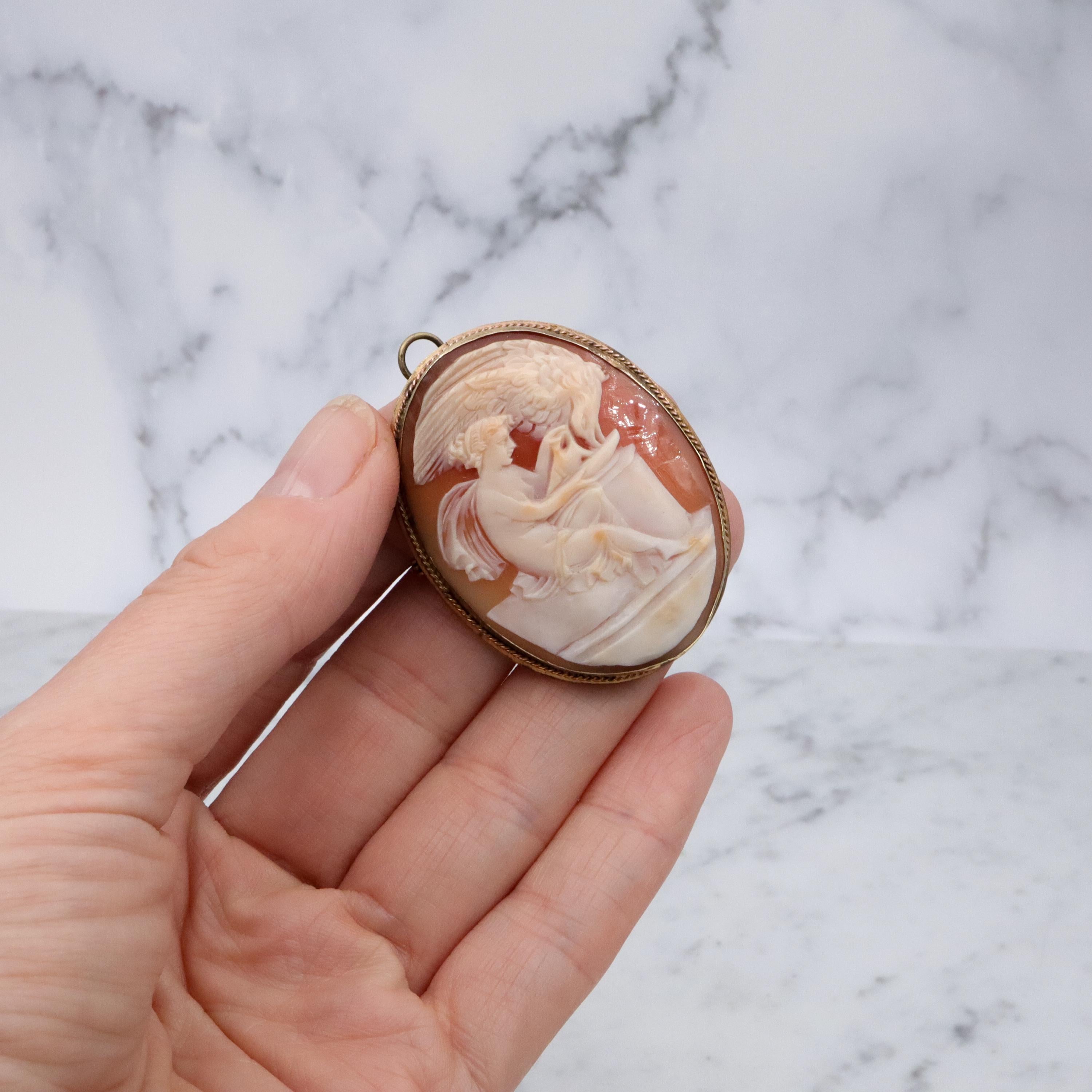 Victorian Hebe goddess shell cameo brooch/pendant combo