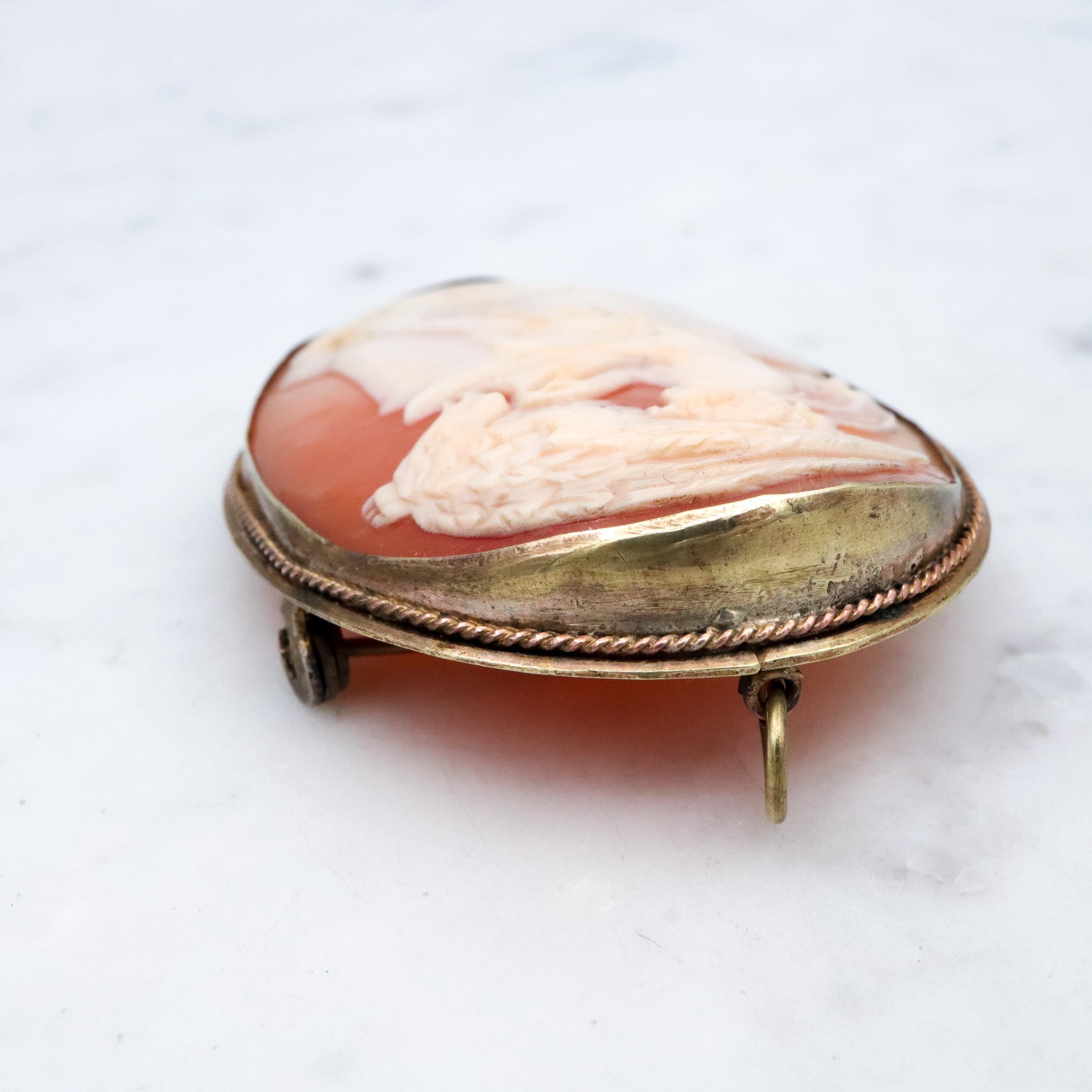 Victorian Hebe goddess shell cameo brooch/pendant combo