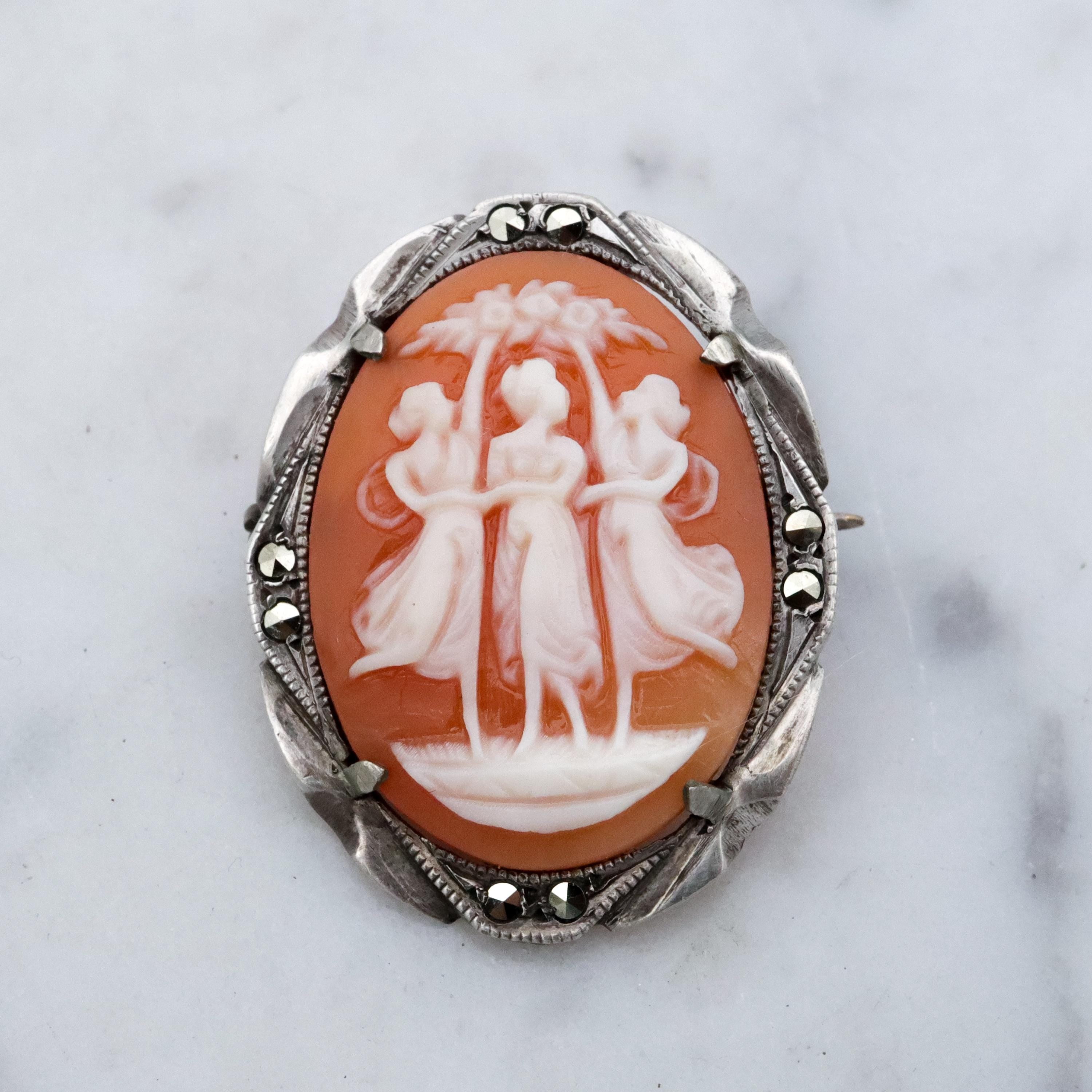 Art Deco silver & marcasite Three Graces cameo brooch/pendant combo