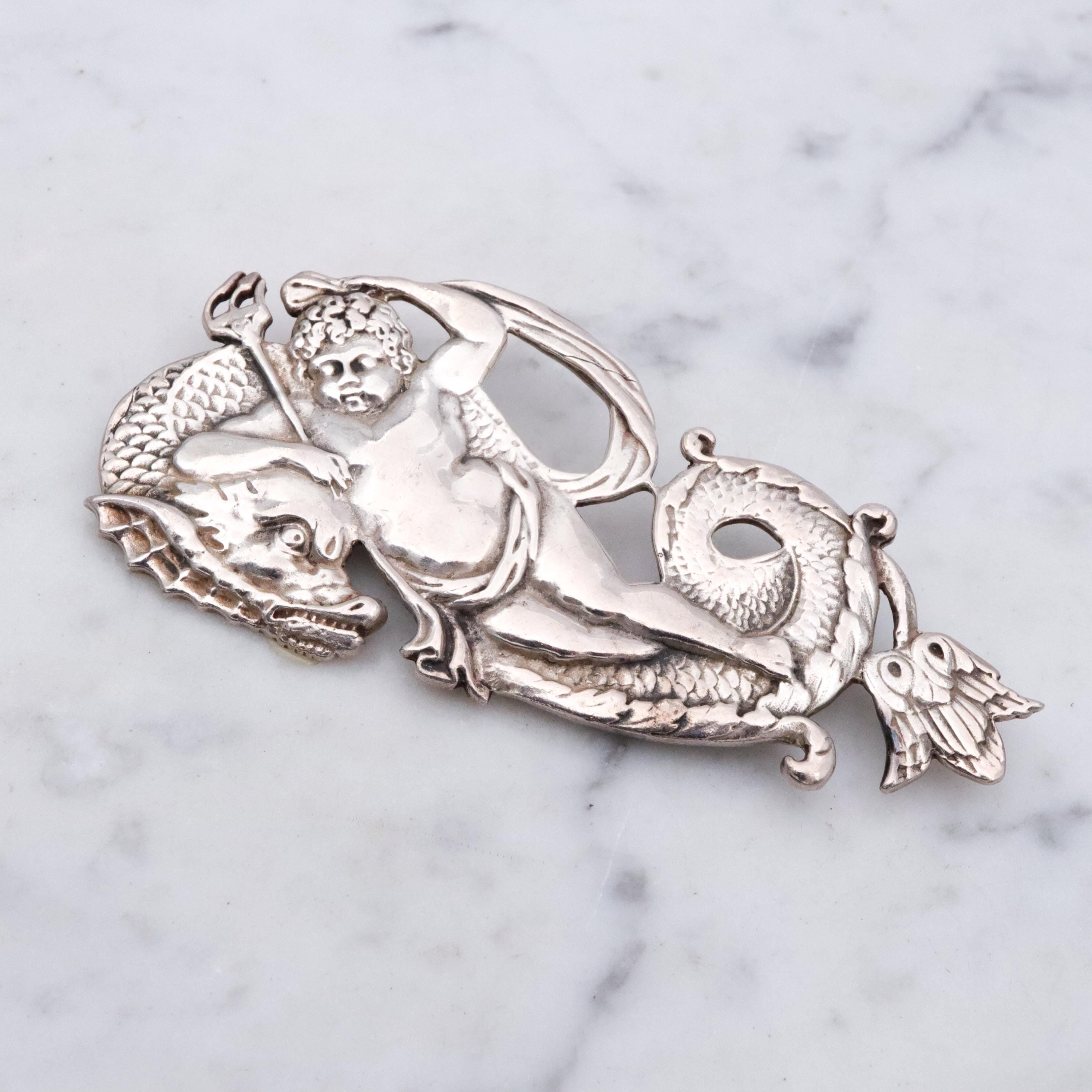 Retro Neptune & sea dragon large sterling brooch