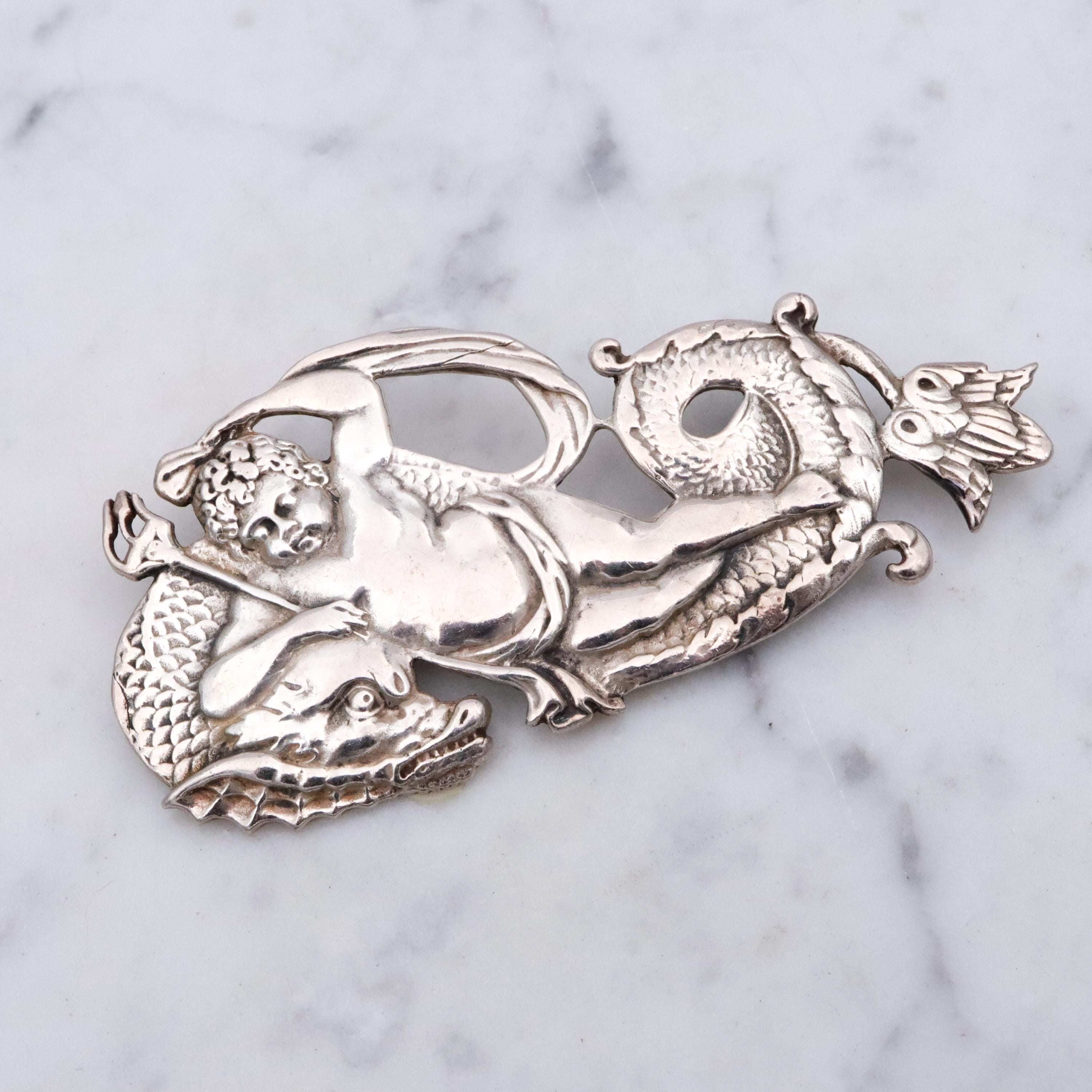 Retro Neptune & sea dragon large sterling brooch