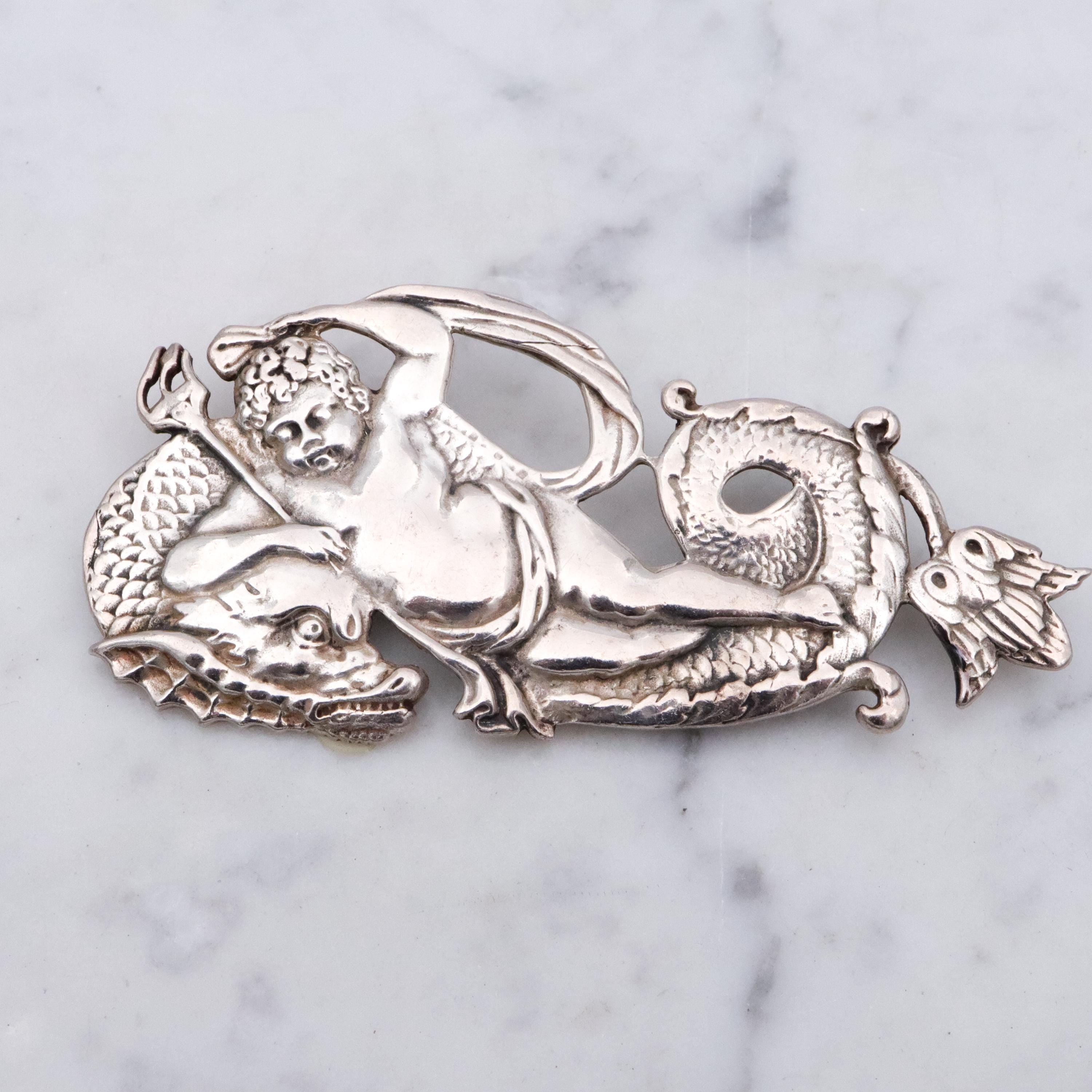 Retro Neptune & sea dragon large sterling brooch