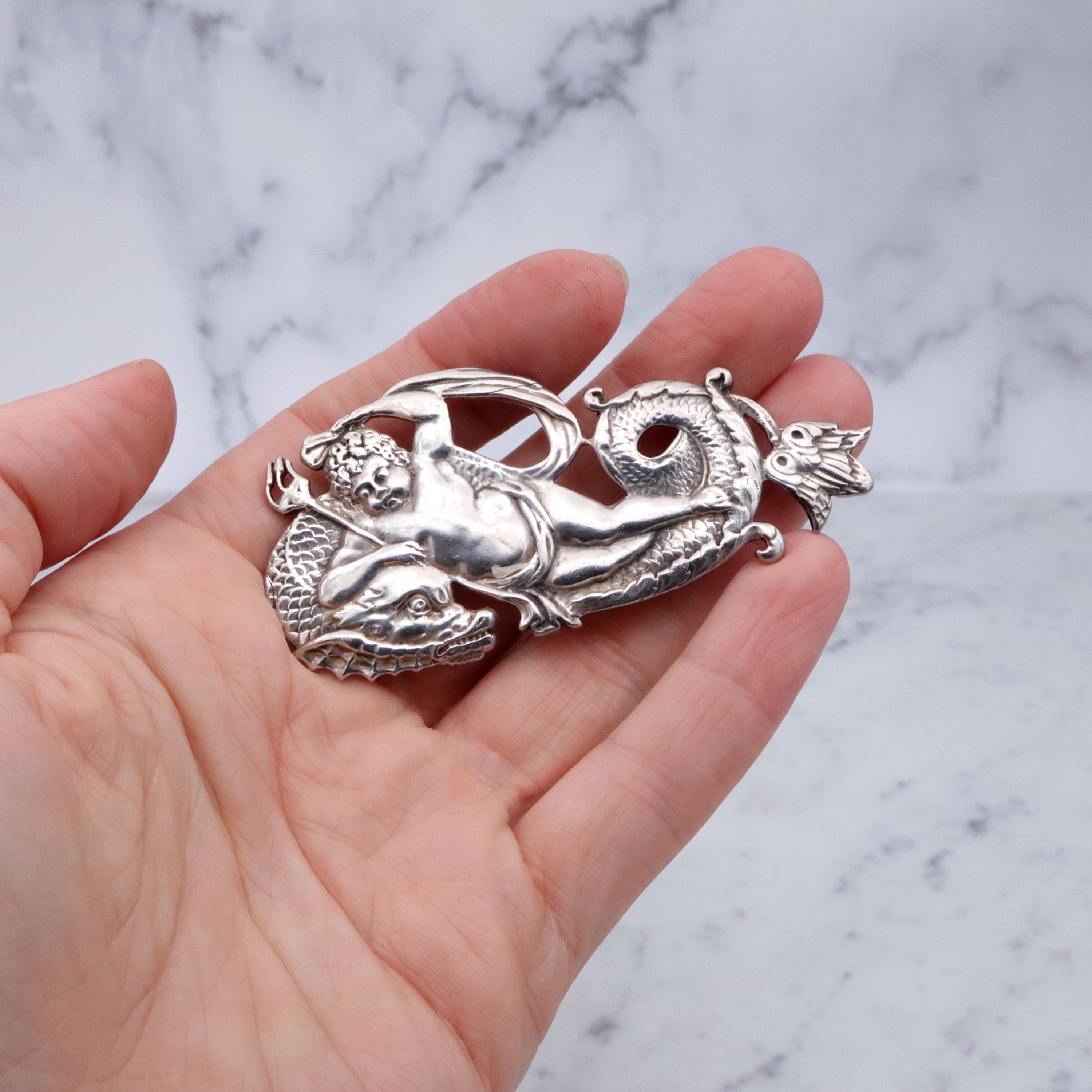Retro Neptune & sea dragon large sterling brooch