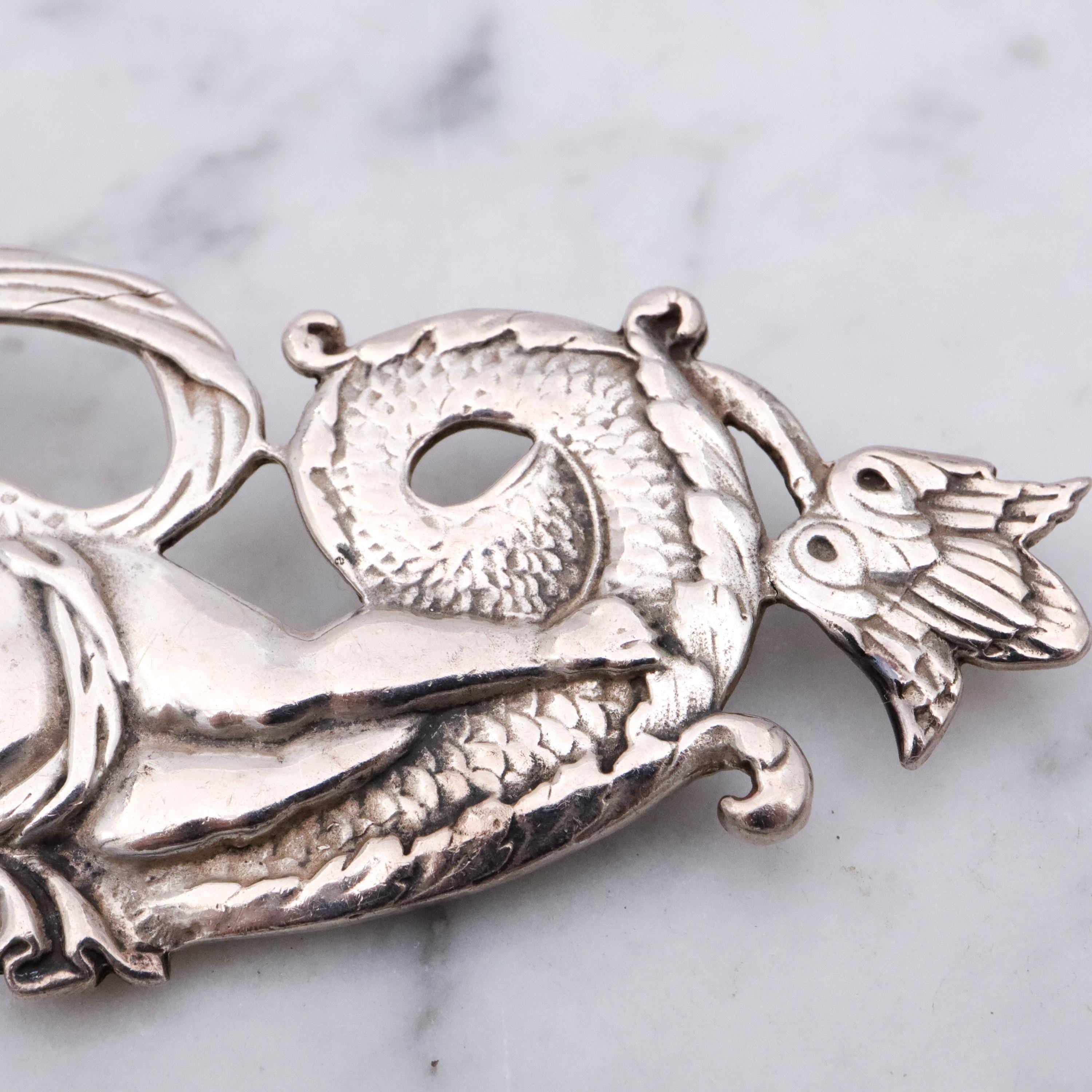Retro Neptune & sea dragon large sterling brooch