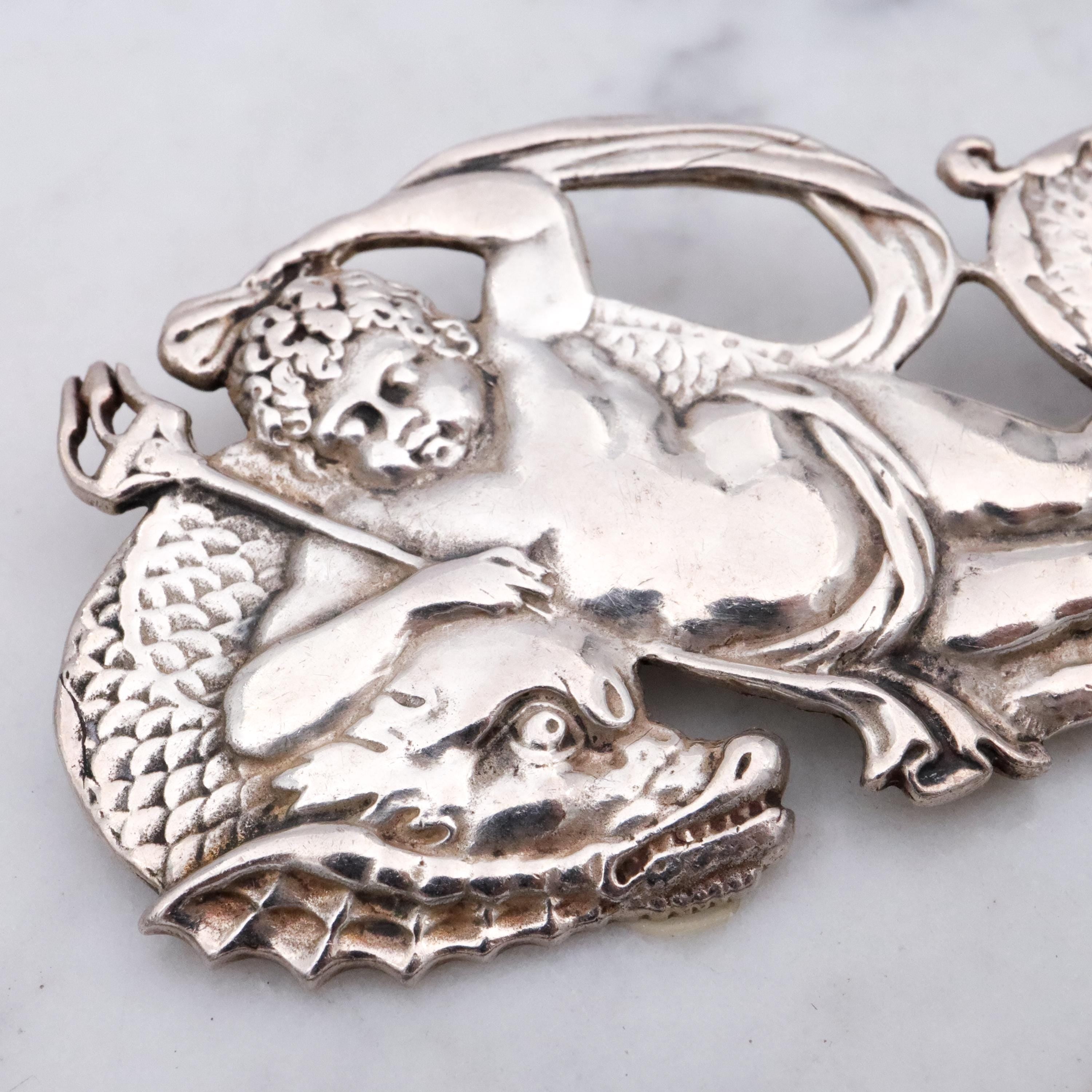 Retro Neptune & sea dragon large sterling brooch