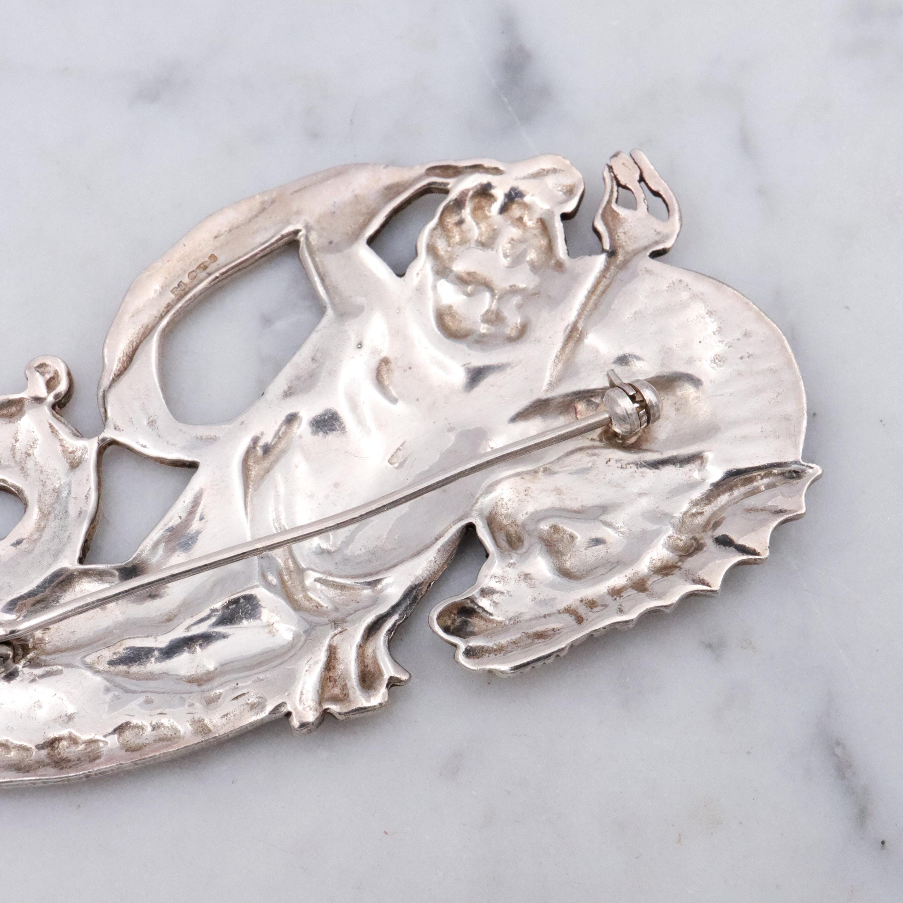 Retro Neptune & sea dragon large sterling brooch