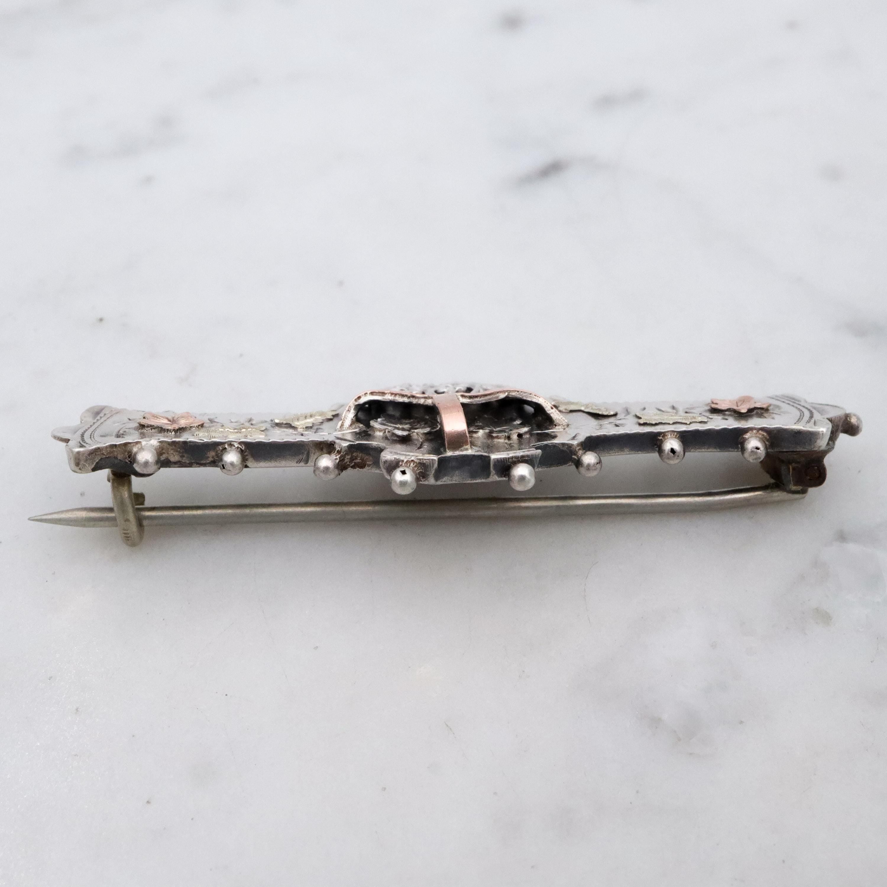 Victorian tri-color sterling Aesthetic Movement bar brooch with dimensional flower basket