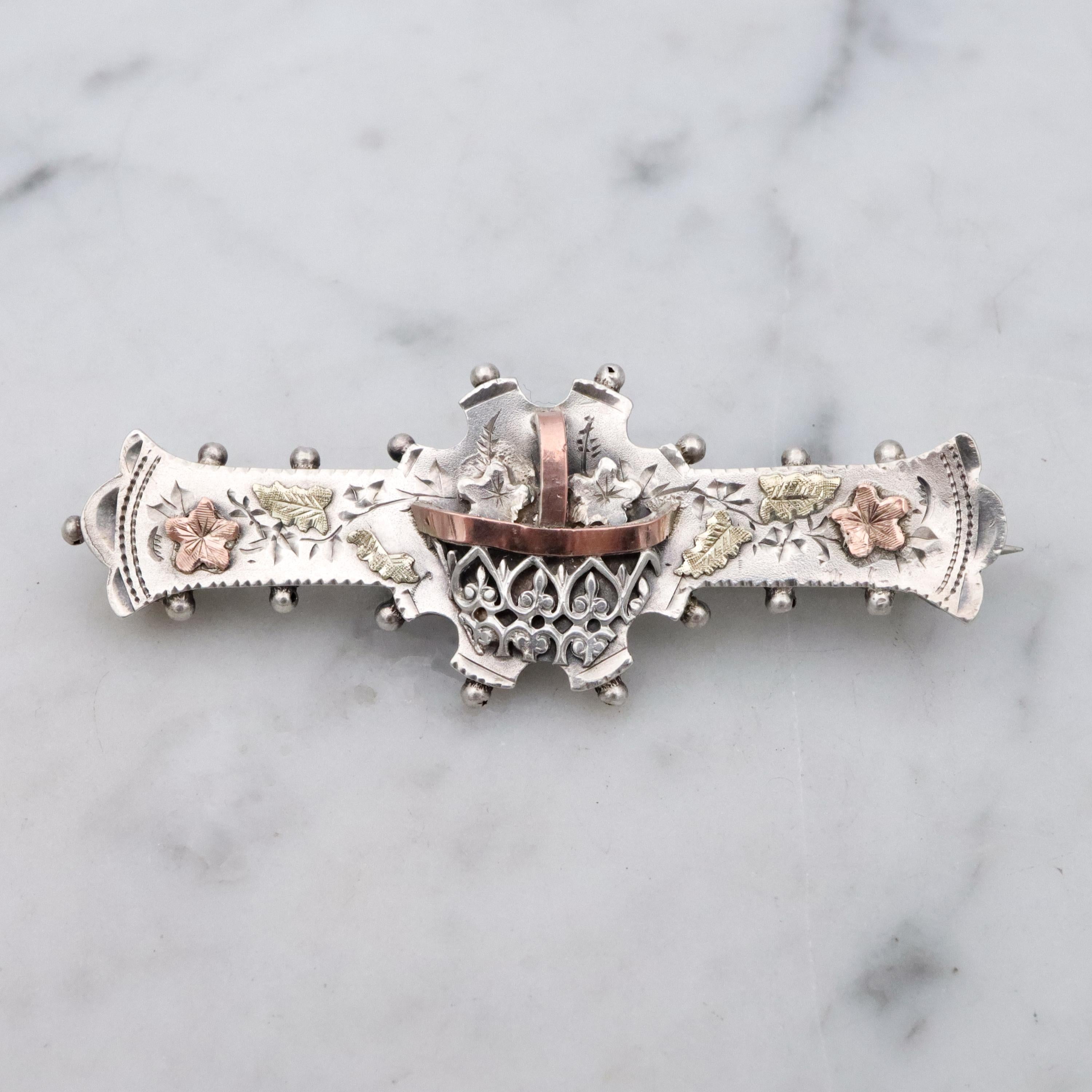Victorian tri-color sterling Aesthetic Movement bar brooch with dimensional flower basket