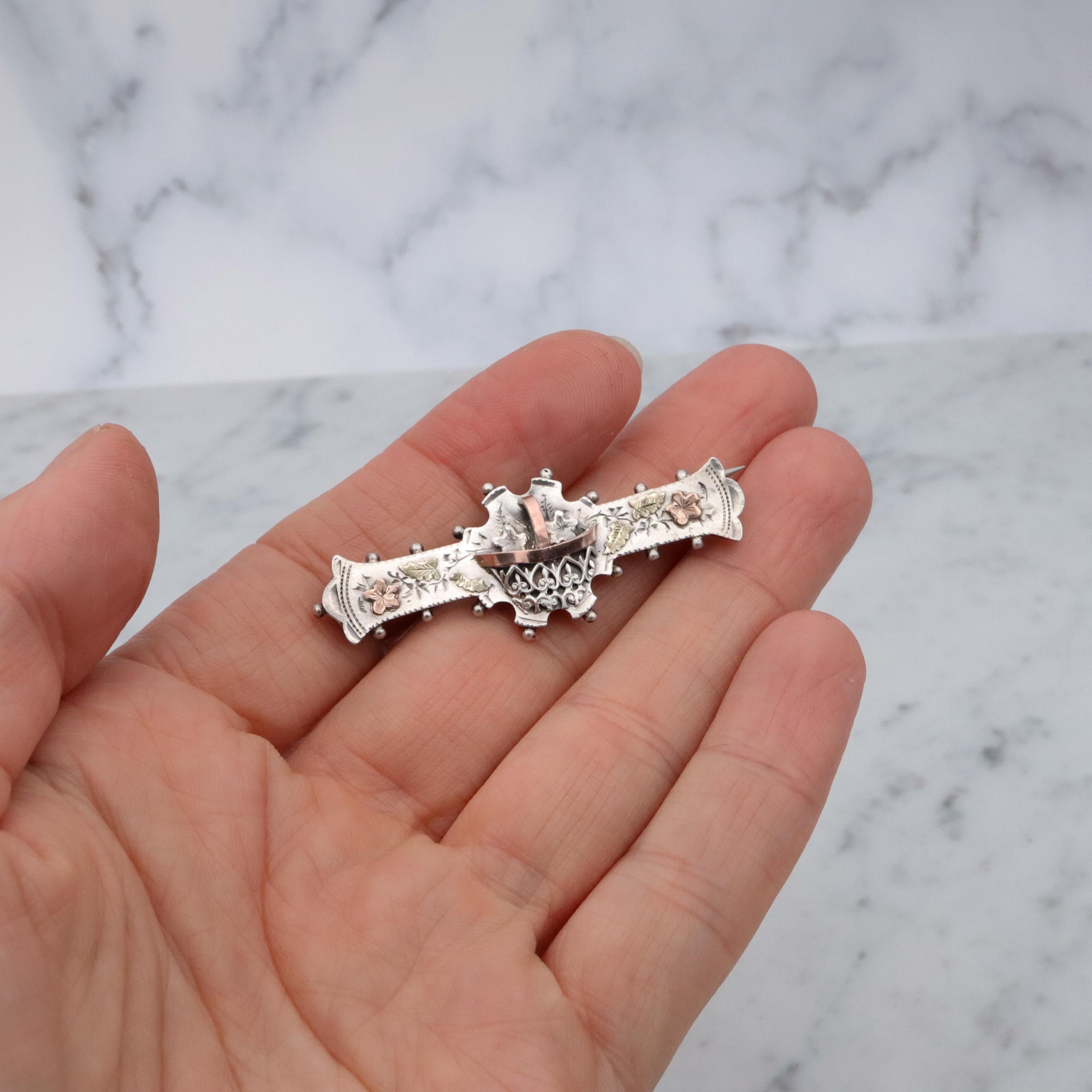Victorian tri-color sterling Aesthetic Movement bar brooch with dimensional flower basket