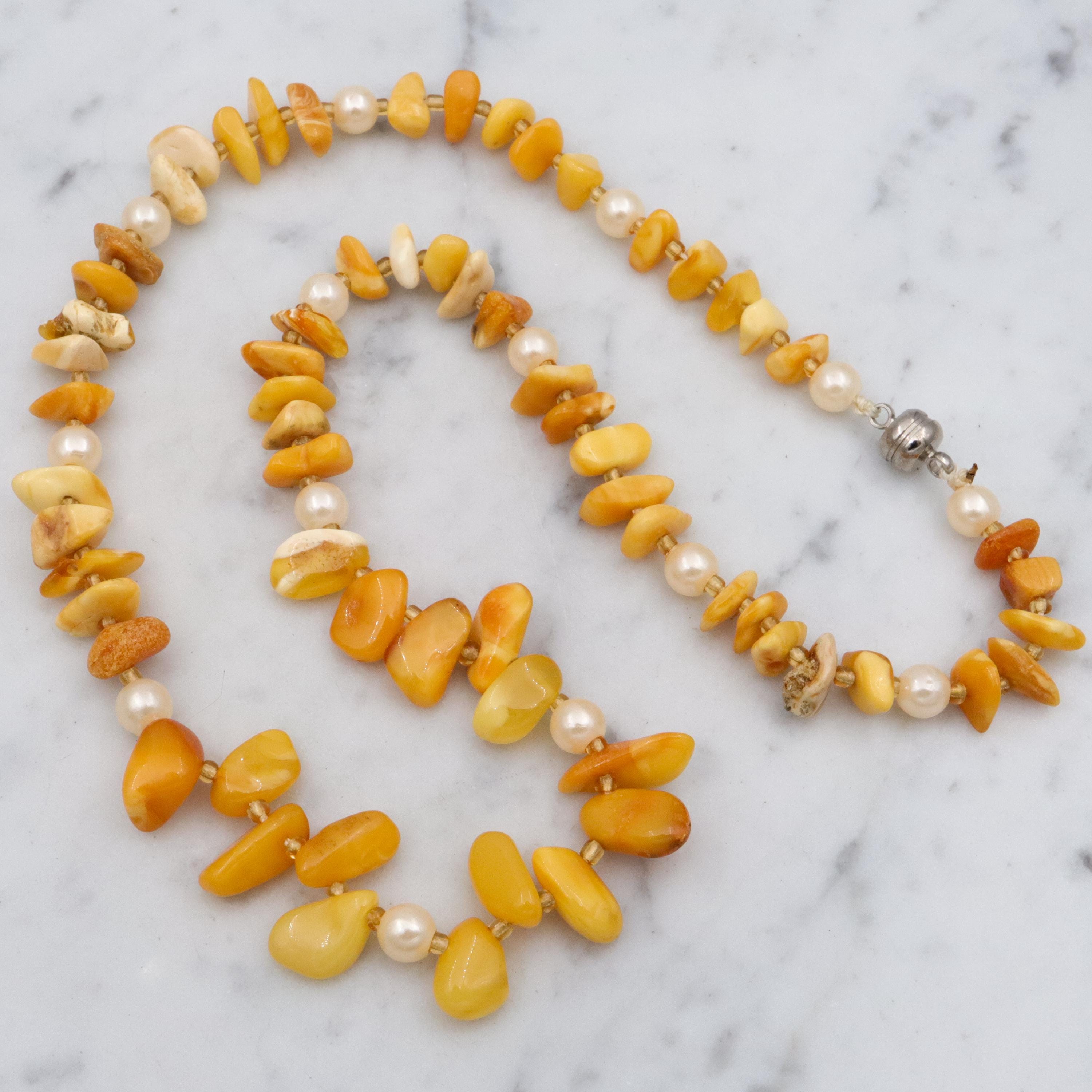 Vintage Baltic amber nugget & faux pearl beaded necklace
