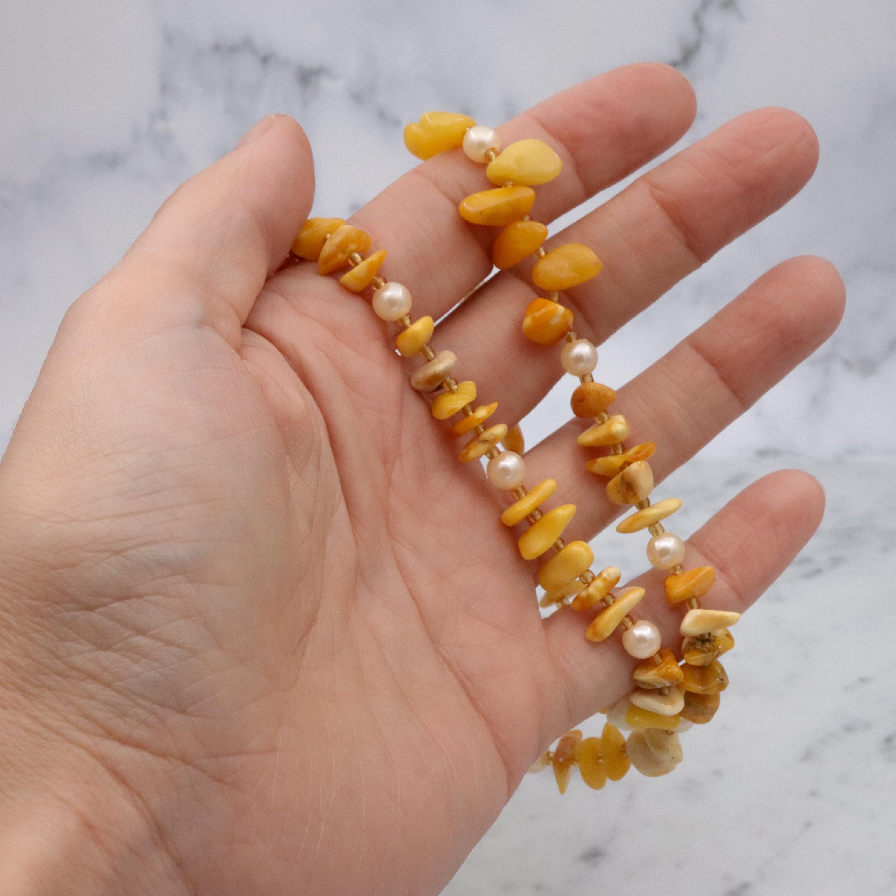 Vintage Baltic amber nugget & faux pearl beaded necklace