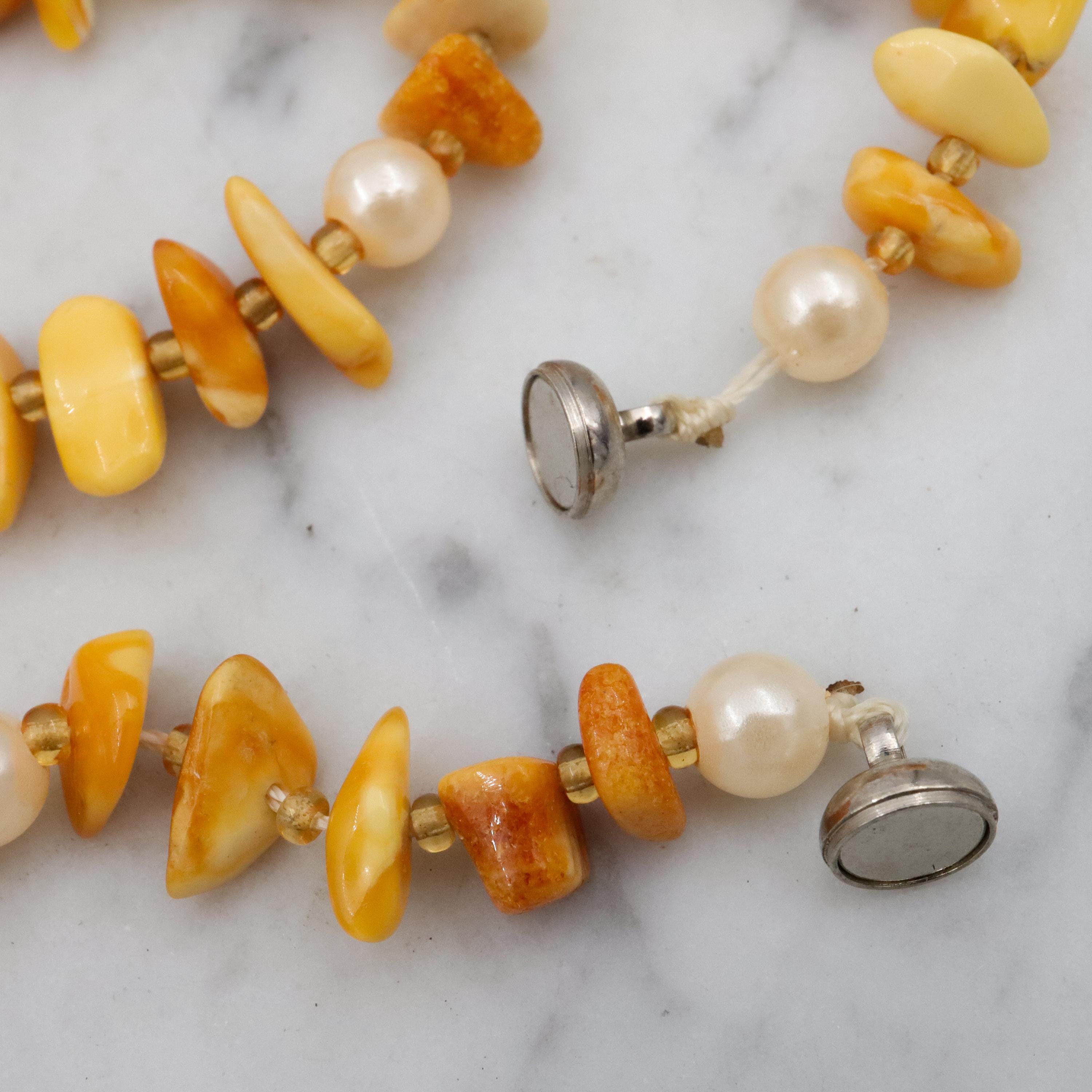 Vintage Baltic amber nugget & faux pearl beaded necklace
