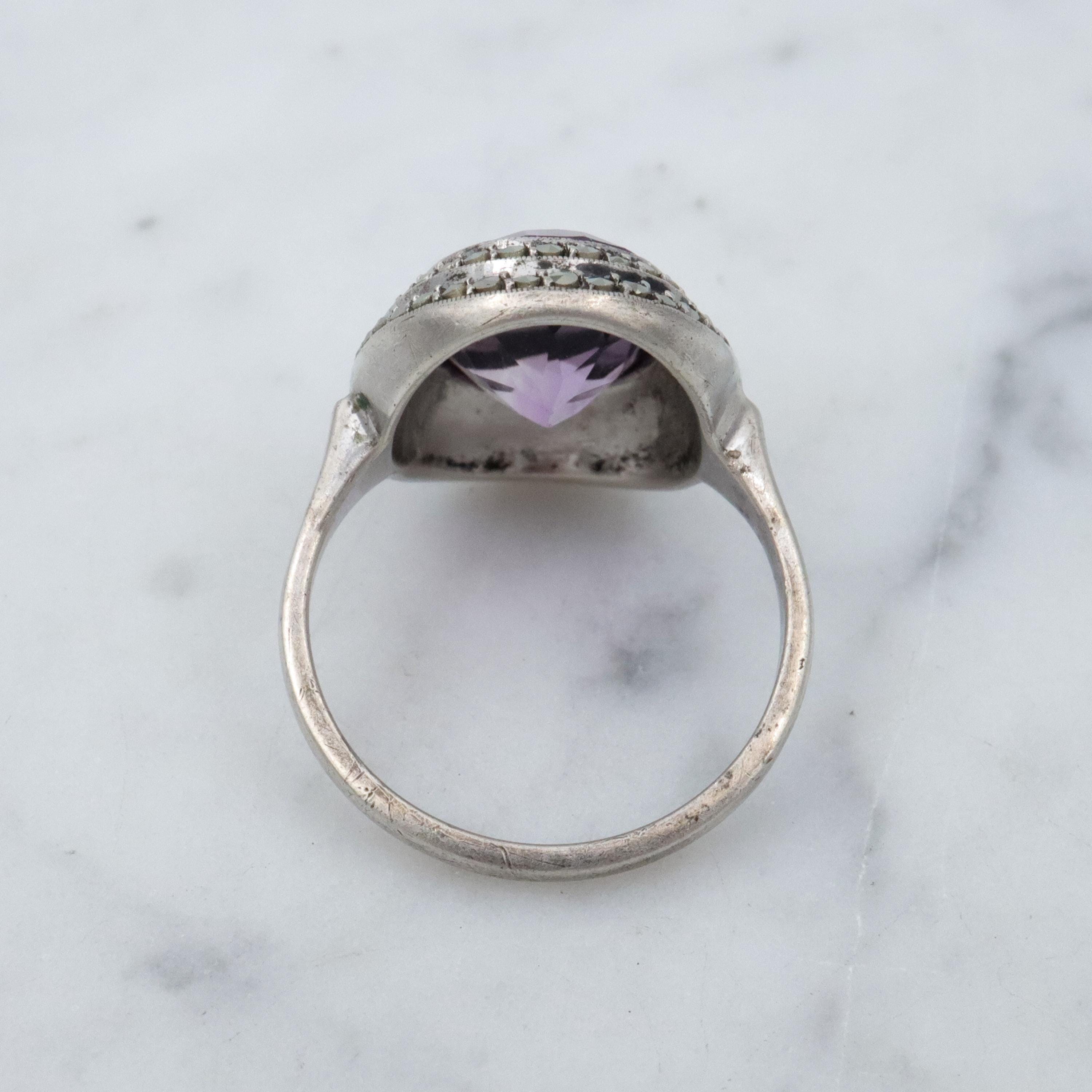 Art Deco German silver amethyst & marcasite halo ring, size 6