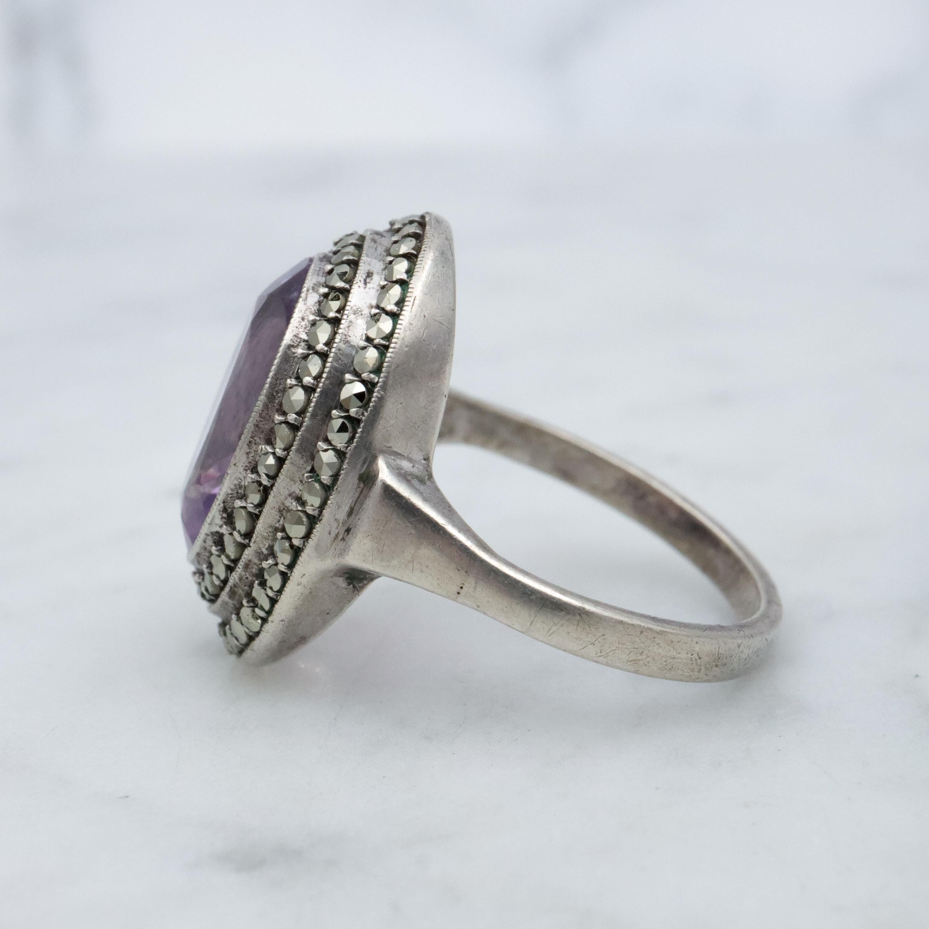 Art Deco German silver amethyst & marcasite halo ring, size 6