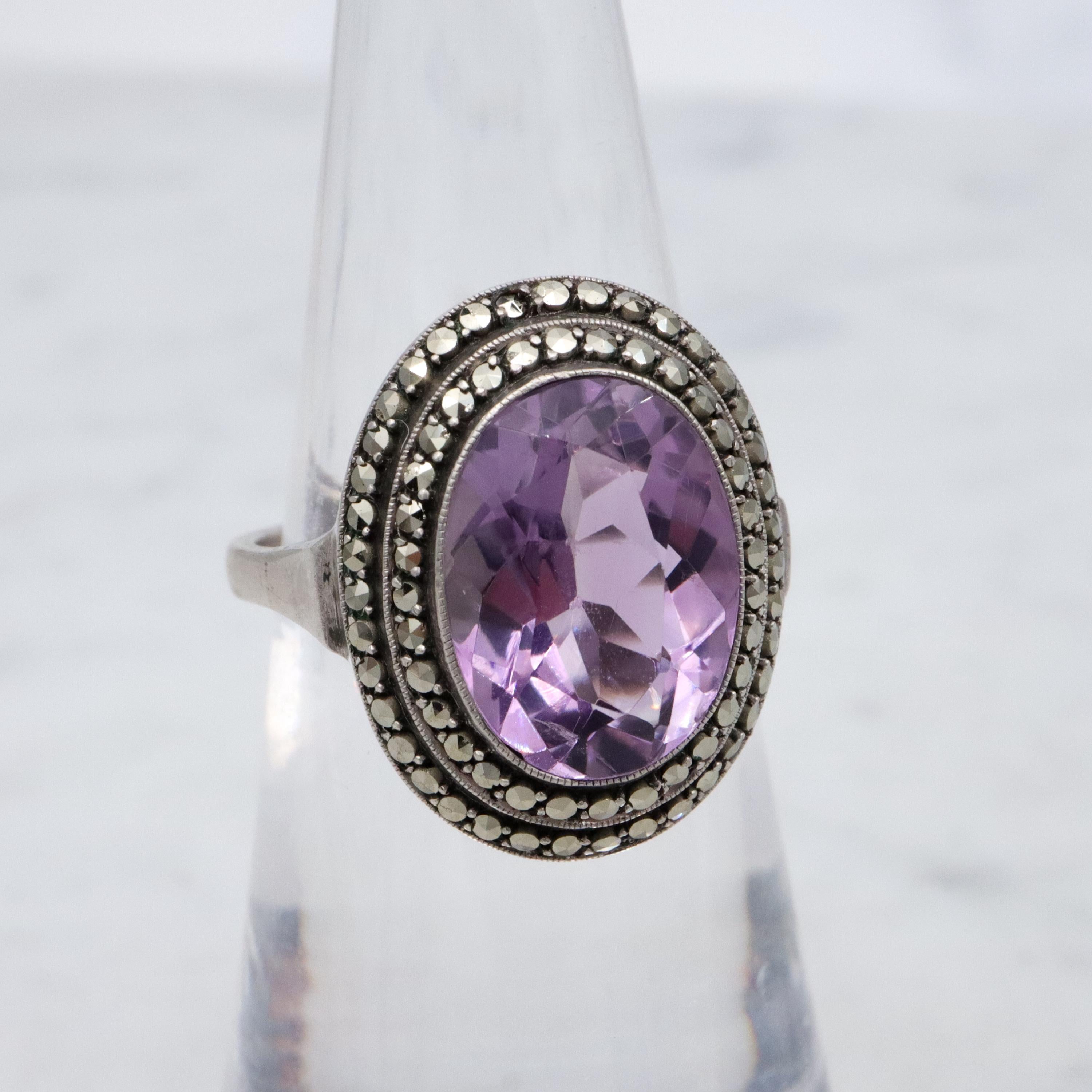 Art Deco German silver amethyst & marcasite halo ring, size 6