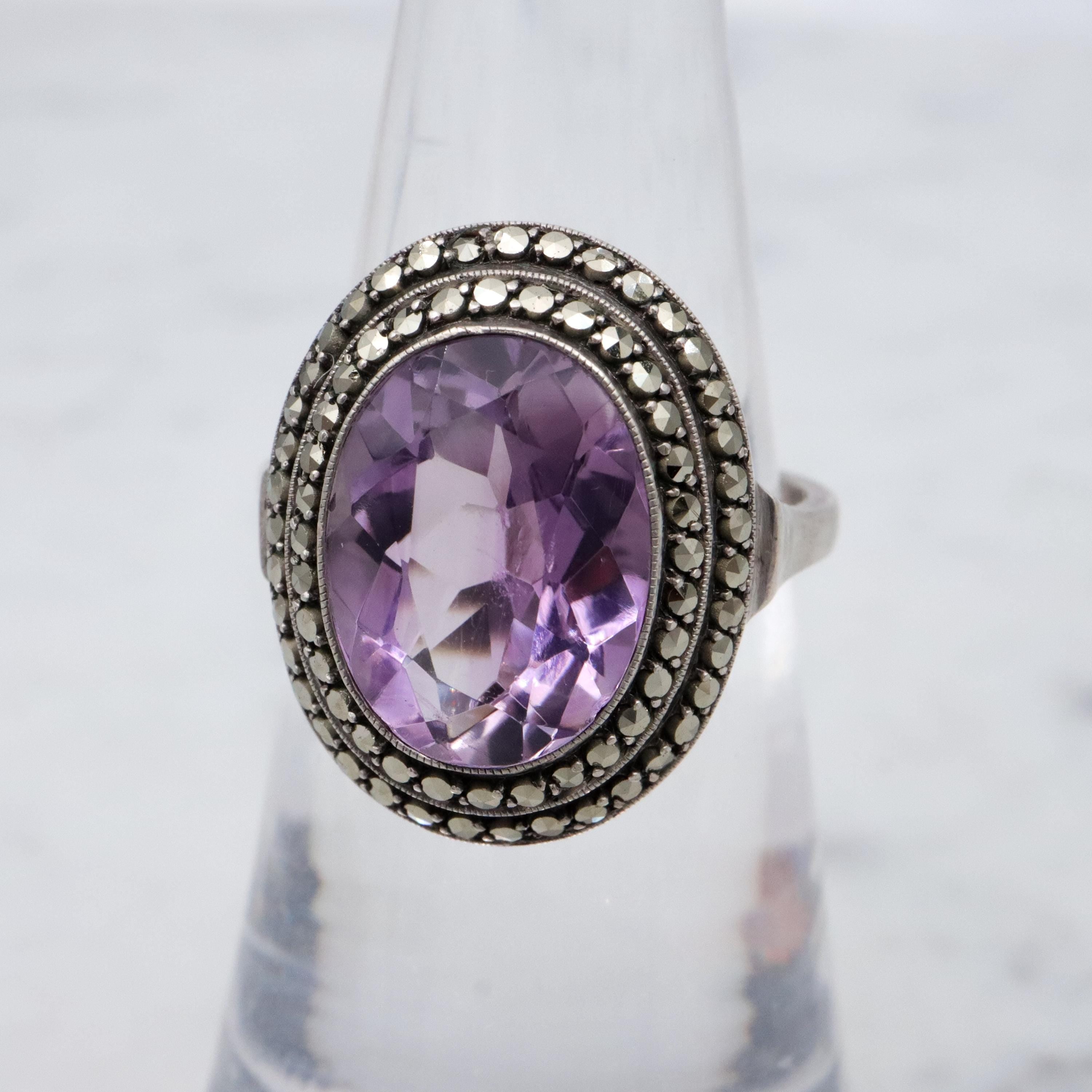 Art Deco German silver amethyst & marcasite halo ring, size 6