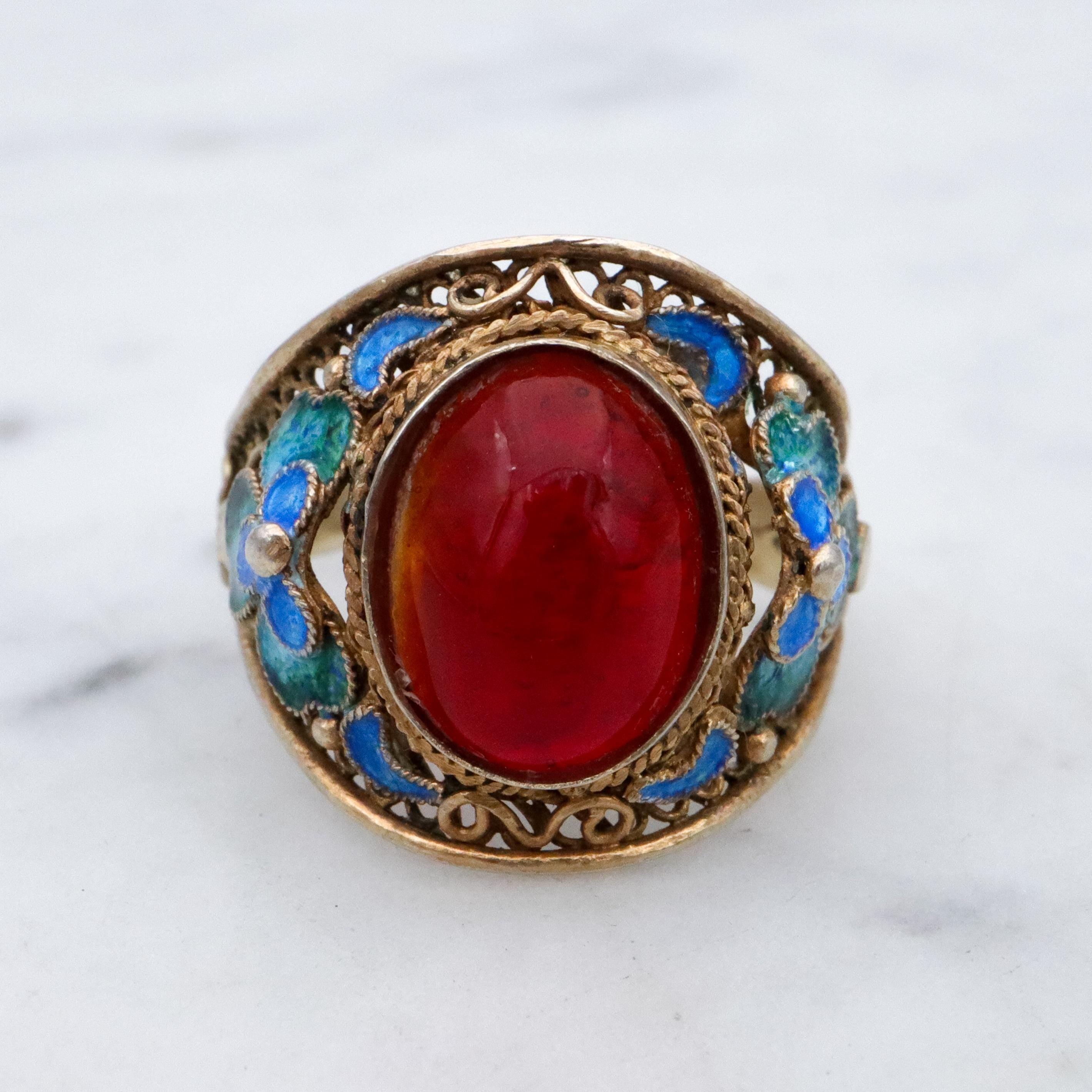 Retro Chinese Export gilt sterling filigree enamel flower ring, size 8 adj