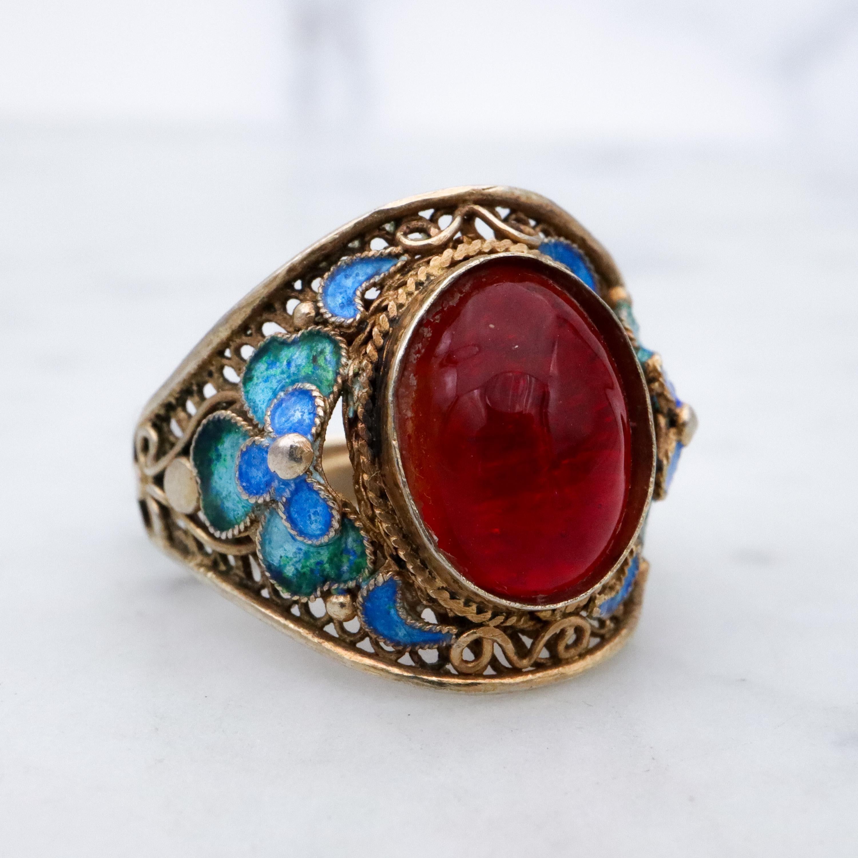 Retro Chinese Export gilt sterling filigree enamel flower ring, size 8 adj
