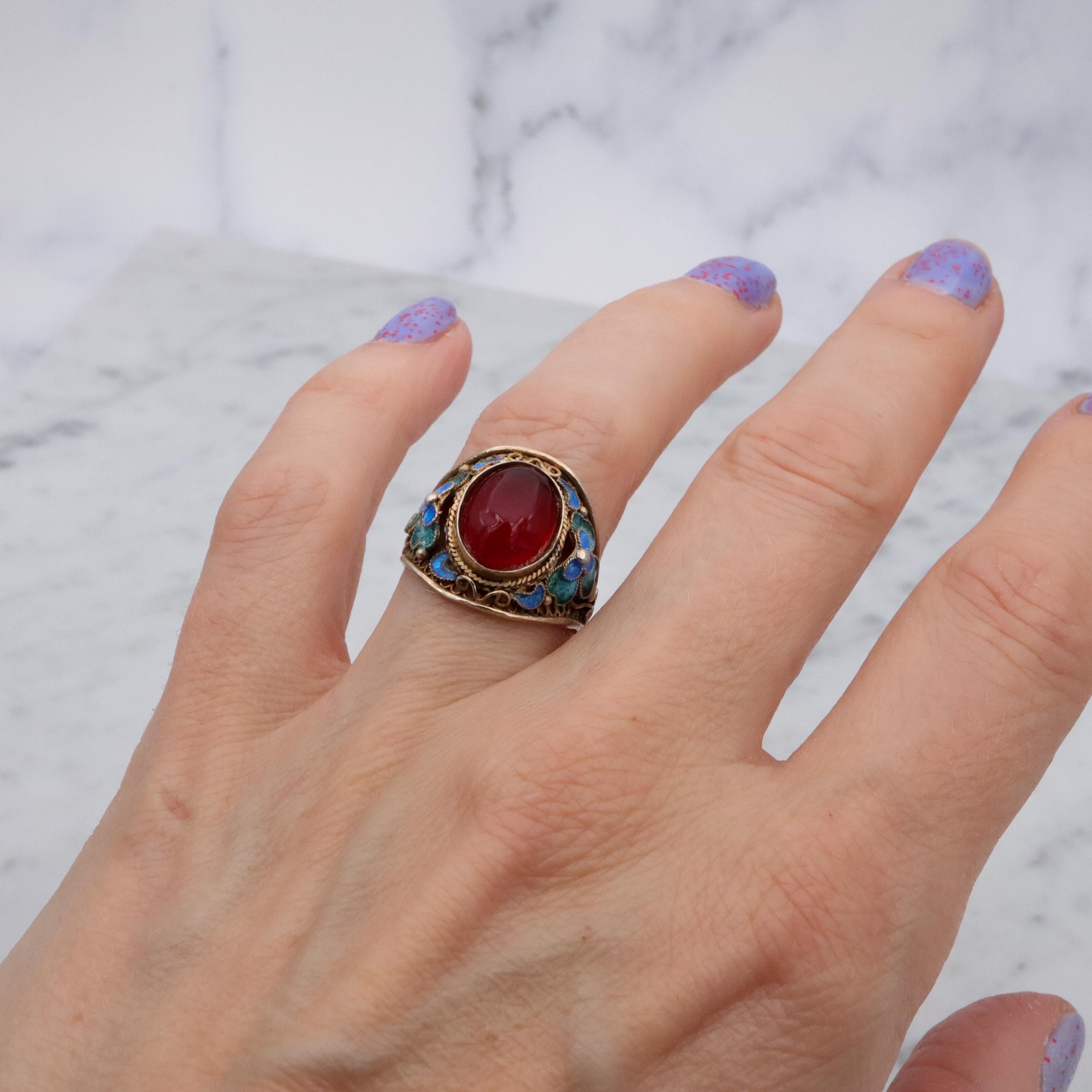 Retro Chinese Export gilt sterling filigree enamel flower ring, size 8 adj