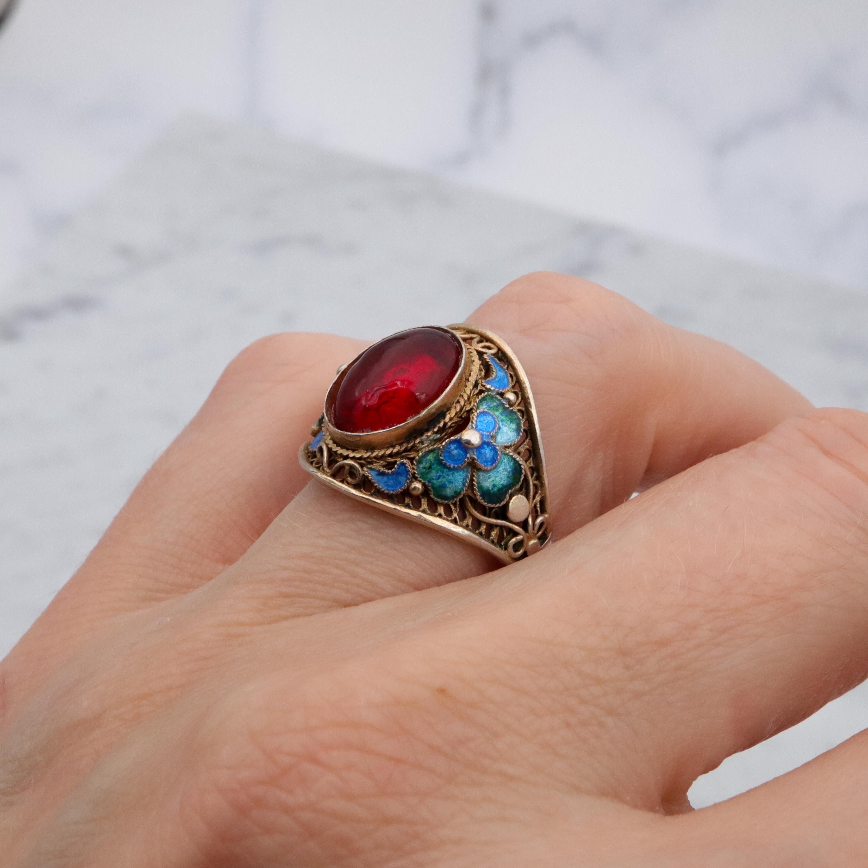 Retro Chinese Export gilt sterling filigree enamel flower ring, size 8 adj