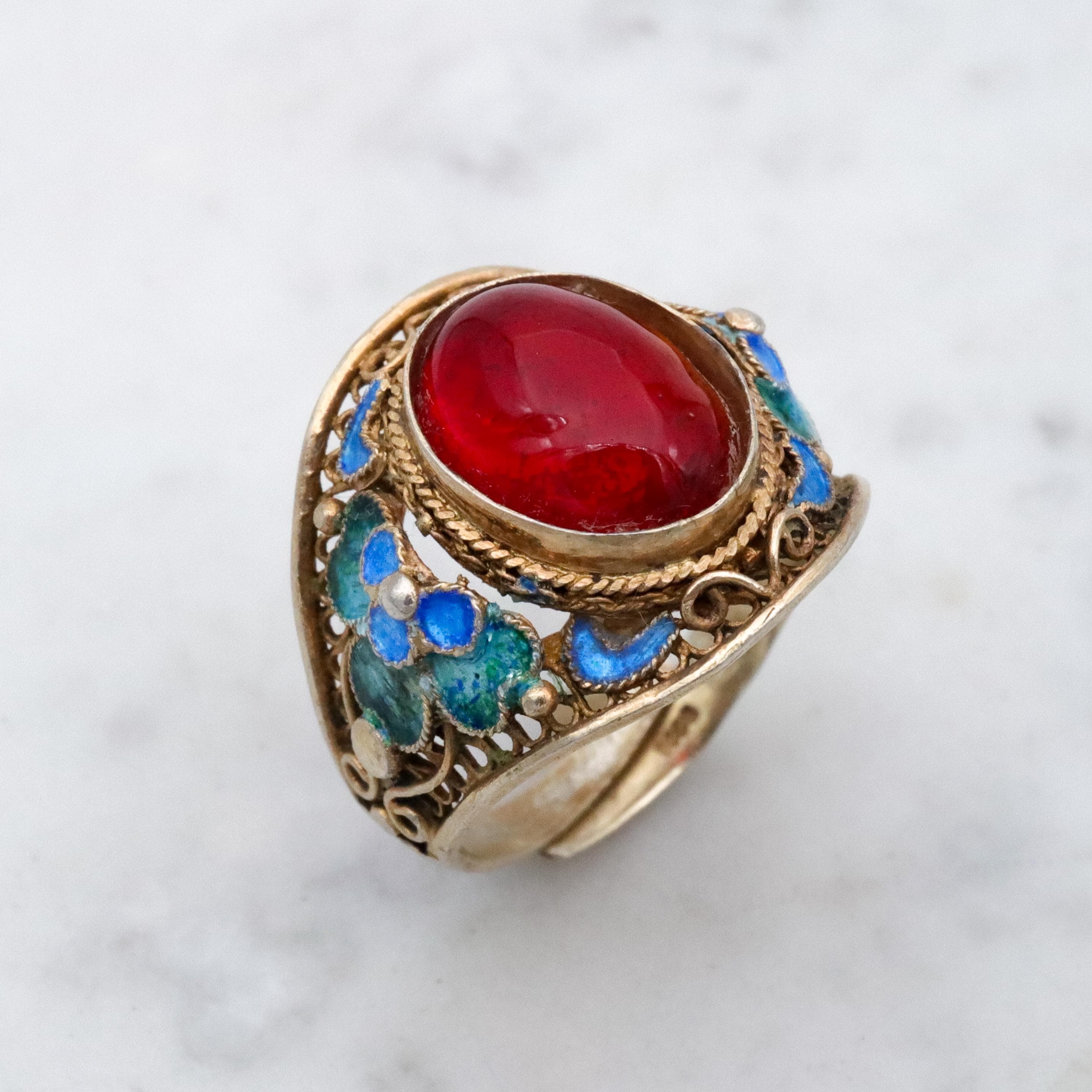Retro Chinese Export gilt sterling filigree enamel flower ring, size 8 adj