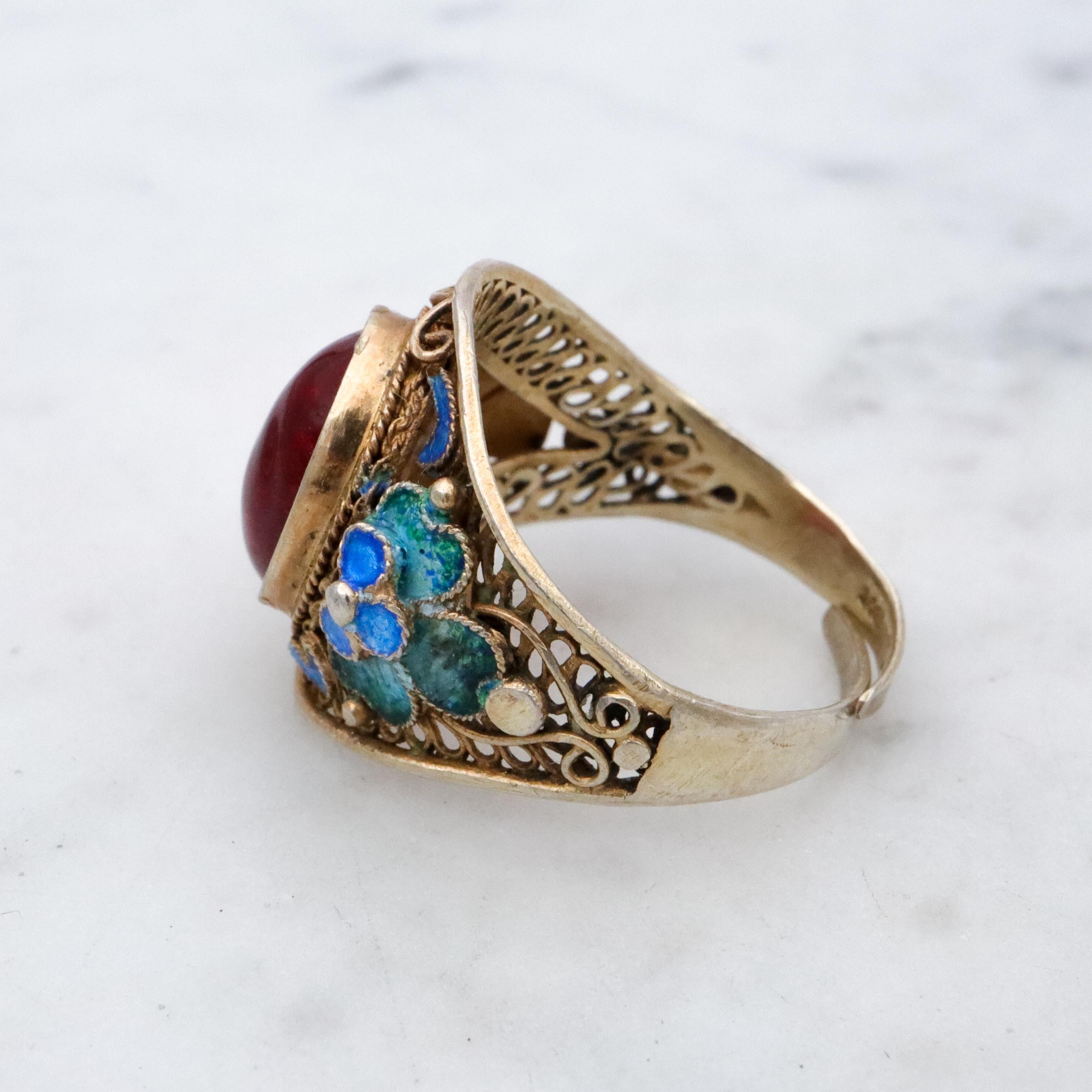 Retro Chinese Export gilt sterling filigree enamel flower ring, size 8 adj