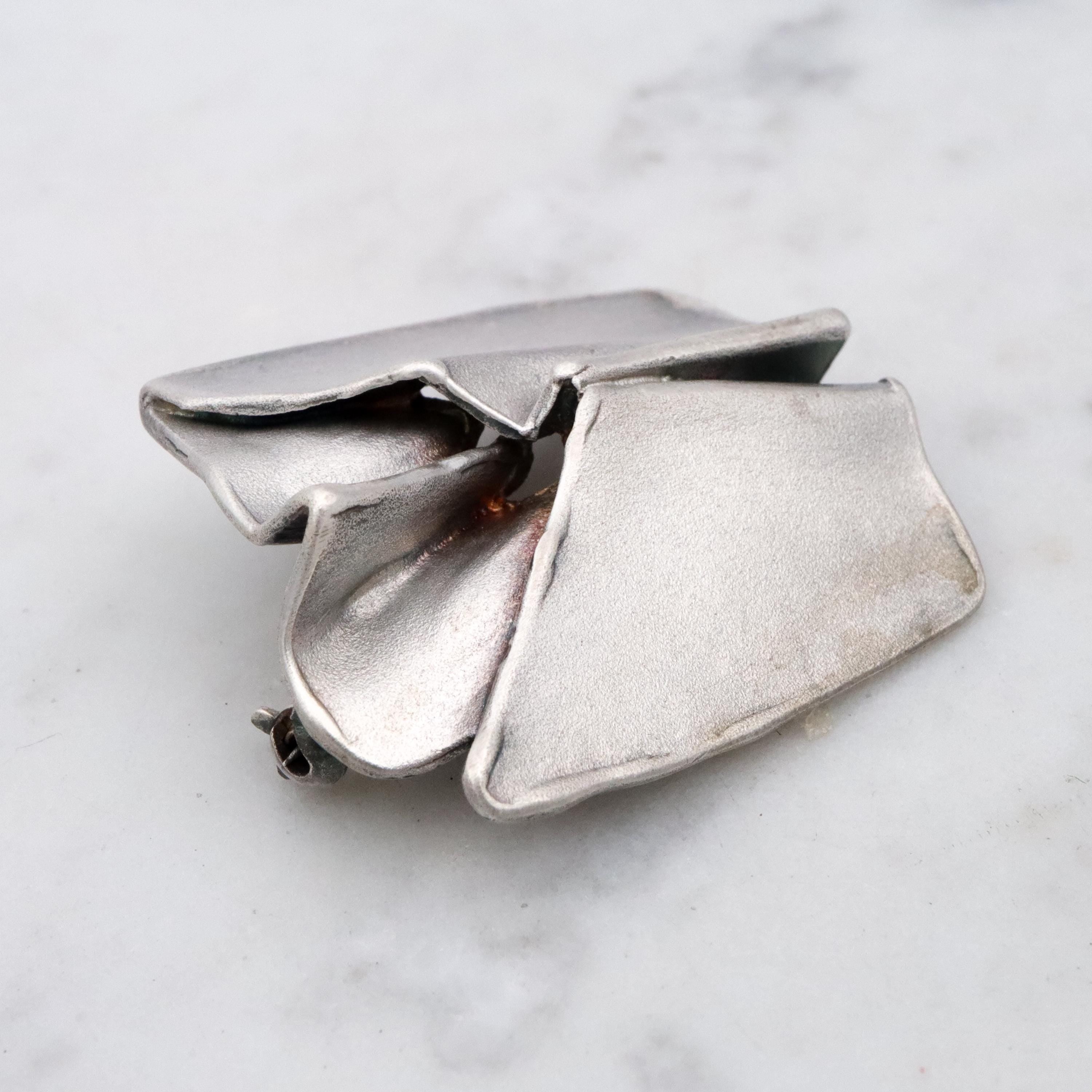 Modernist sculptural origami matte sterling brooch