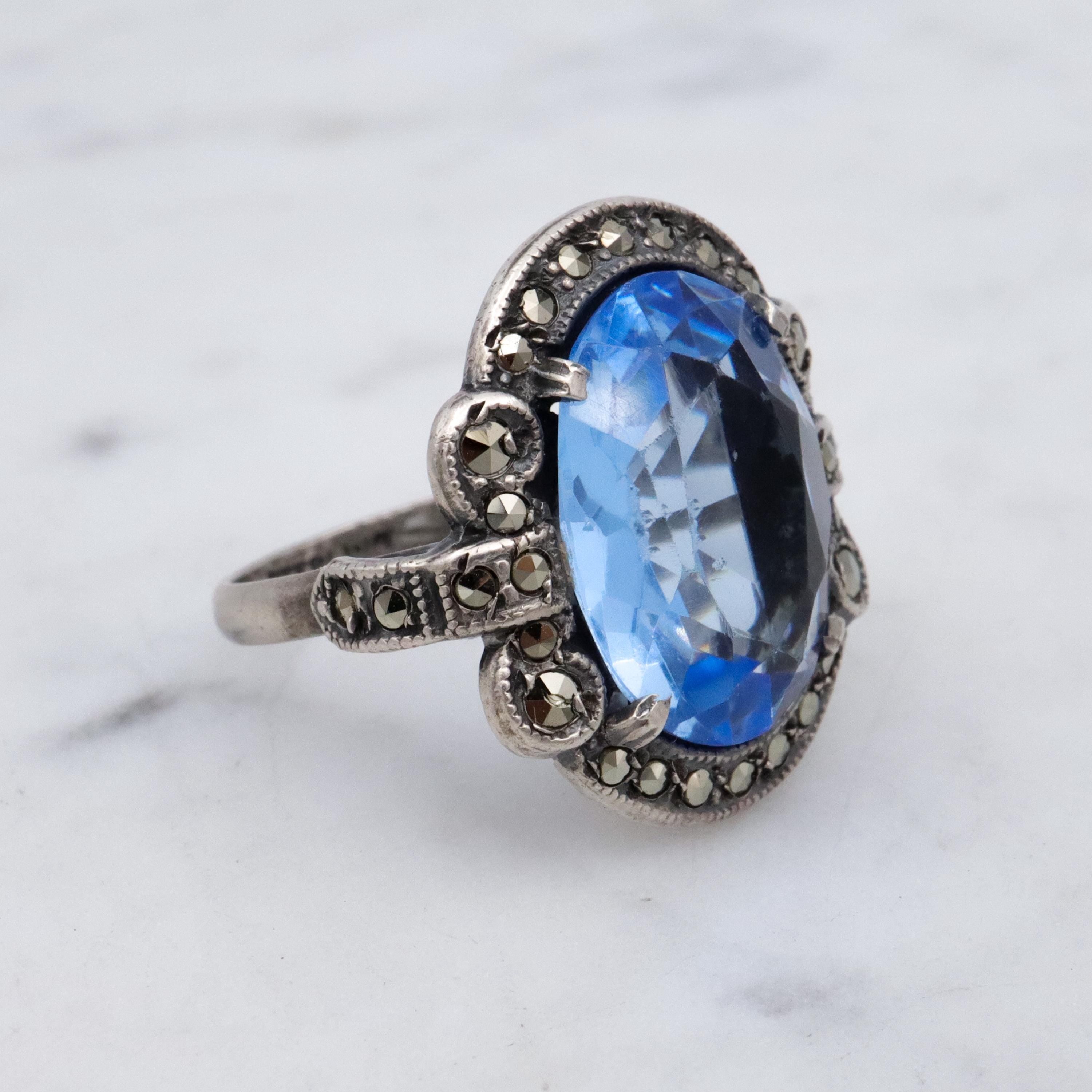 Antique Deco aqua glass & marcasite sterling ring, size 7