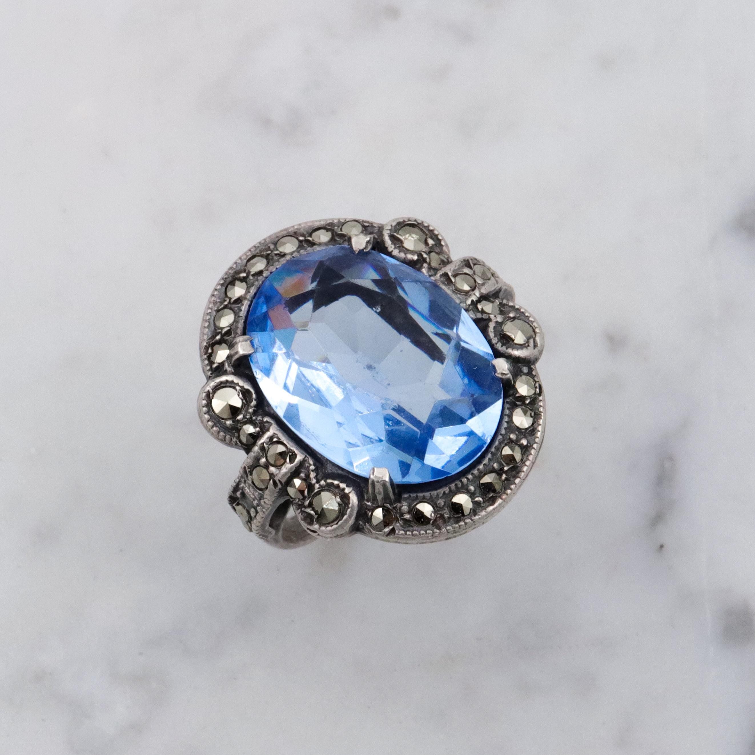 Antique Deco aqua glass & marcasite sterling ring, size 7