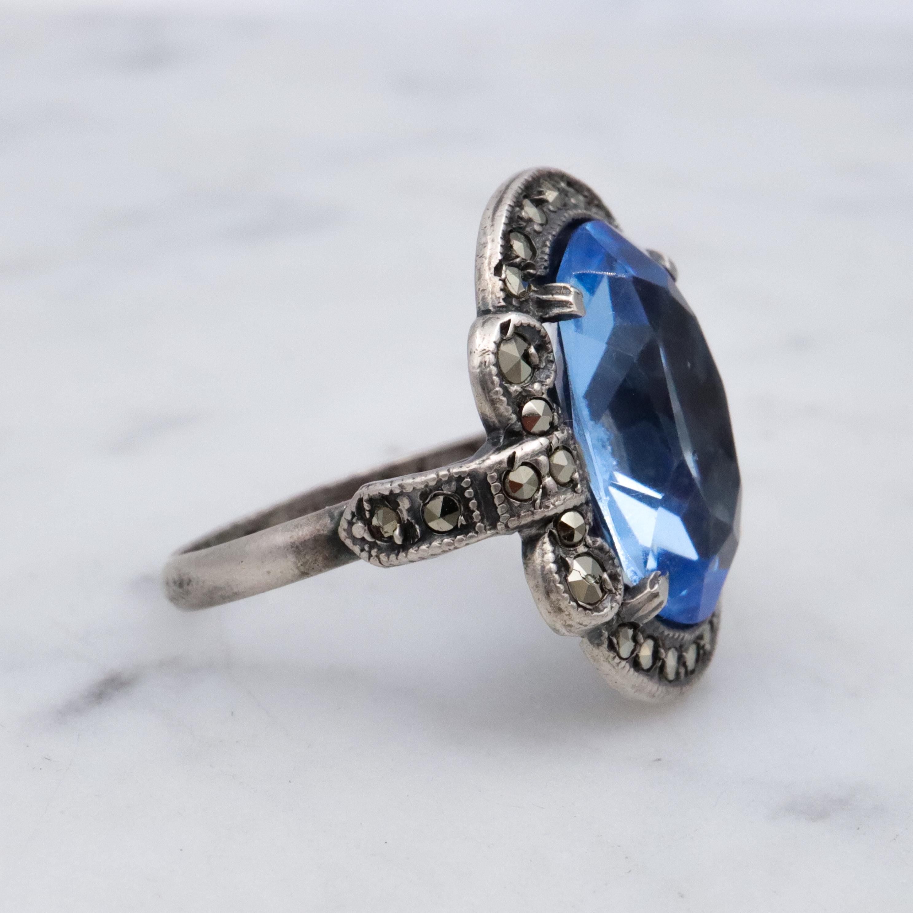 Antique Deco aqua glass & marcasite sterling ring, size 7