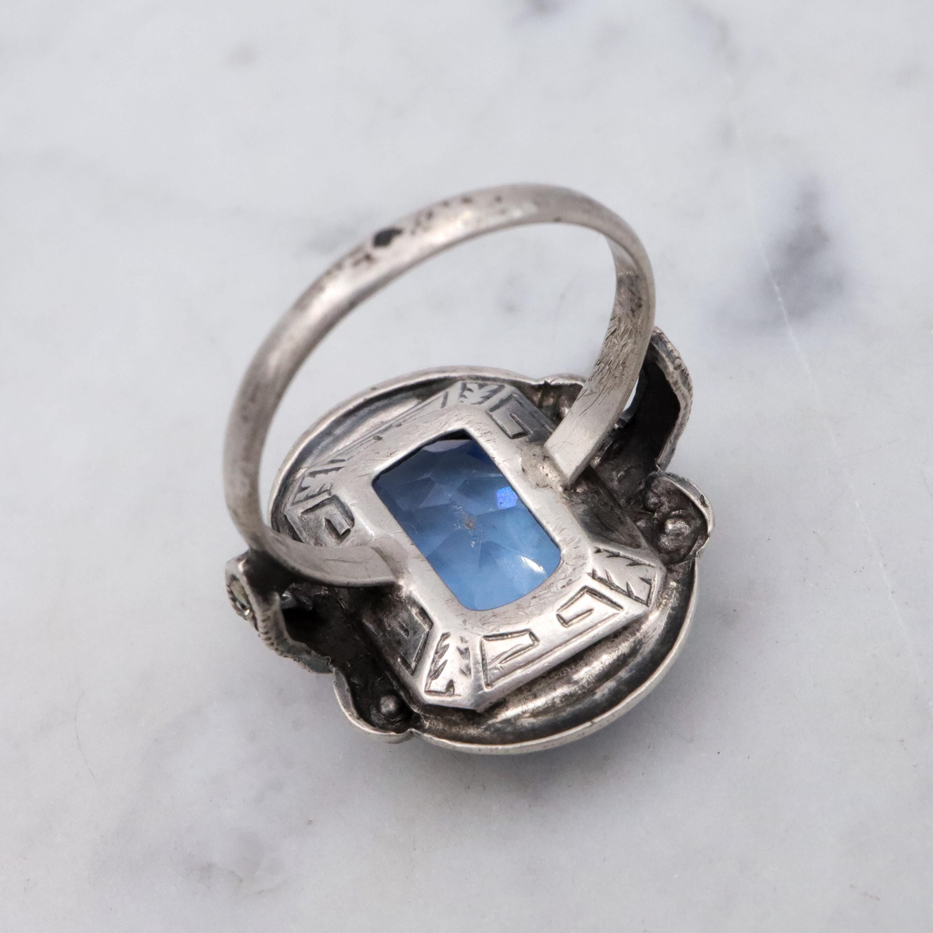 Antique Deco aqua glass & marcasite sterling ring, size 7
