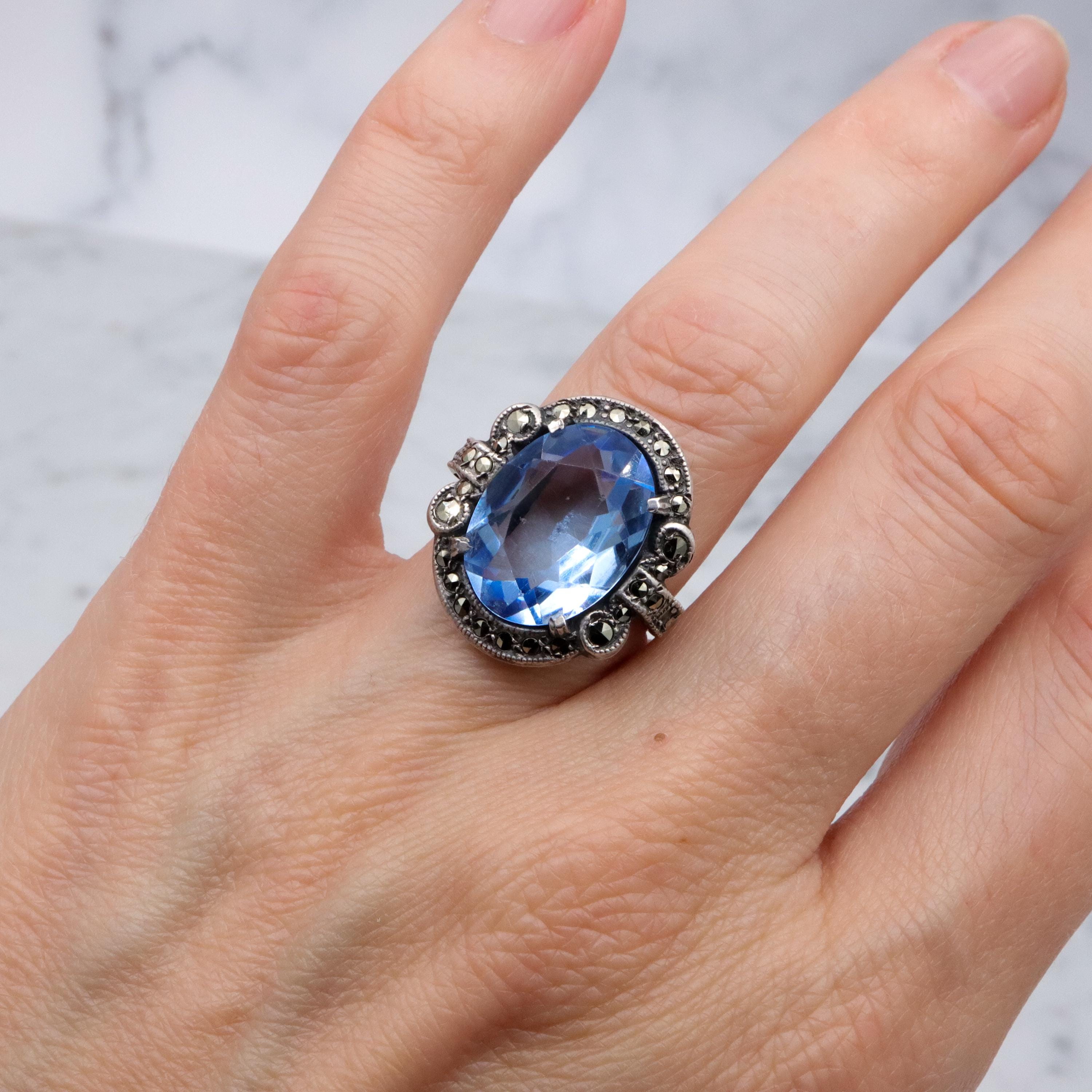 Antique Deco aqua glass & marcasite sterling ring, size 7