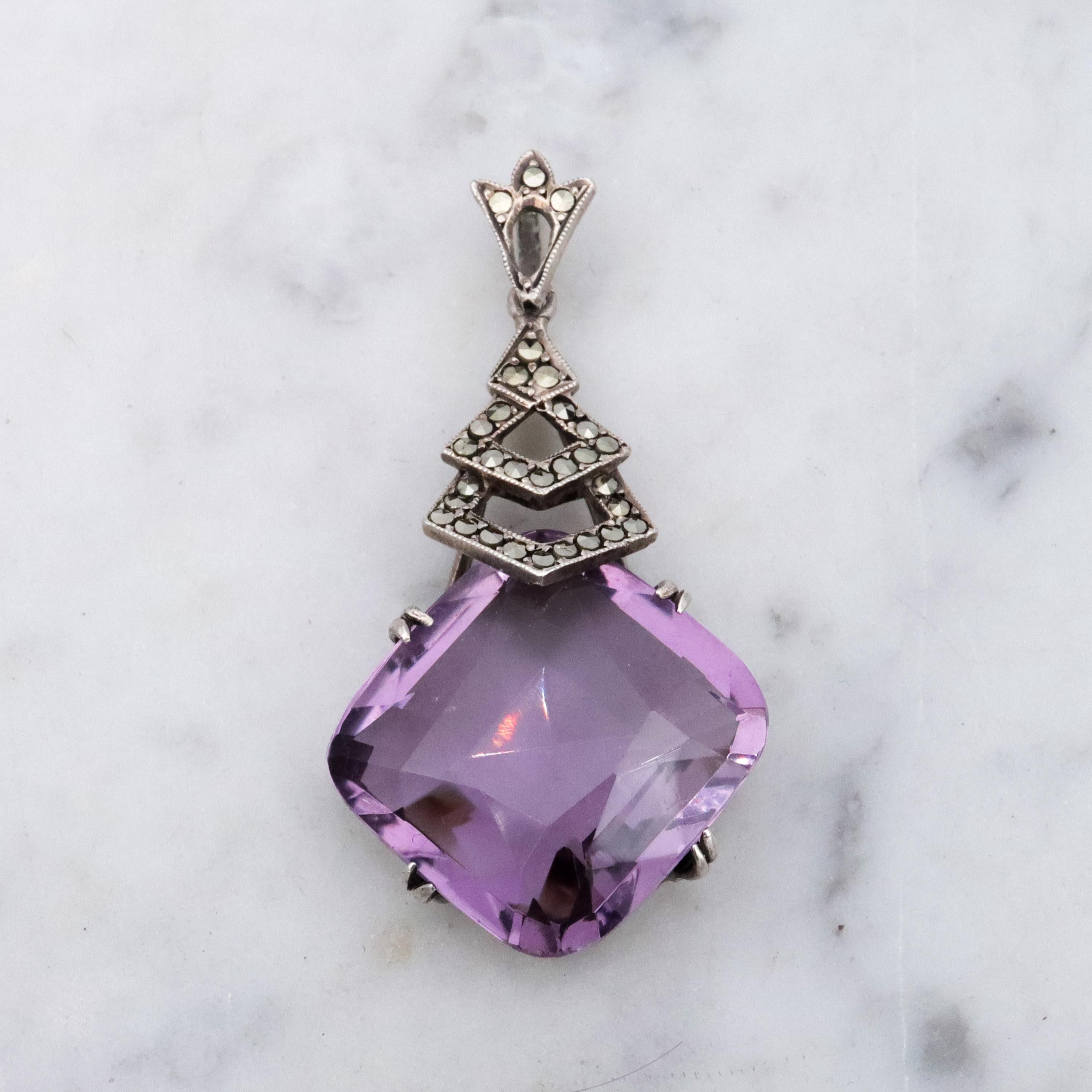 French Art Deco silver amethyst & marcasite drop pendant