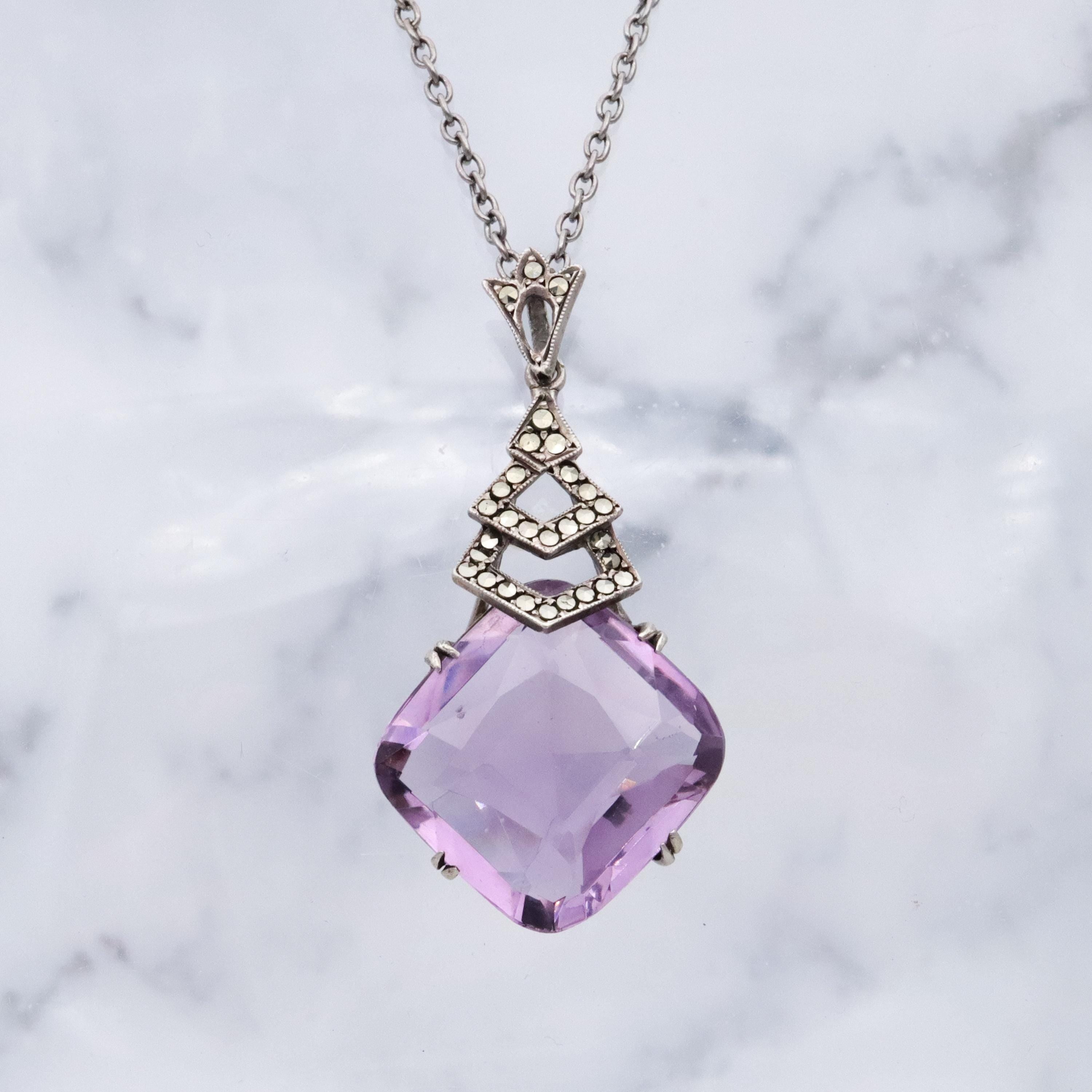 French Art Deco silver amethyst & marcasite drop pendant